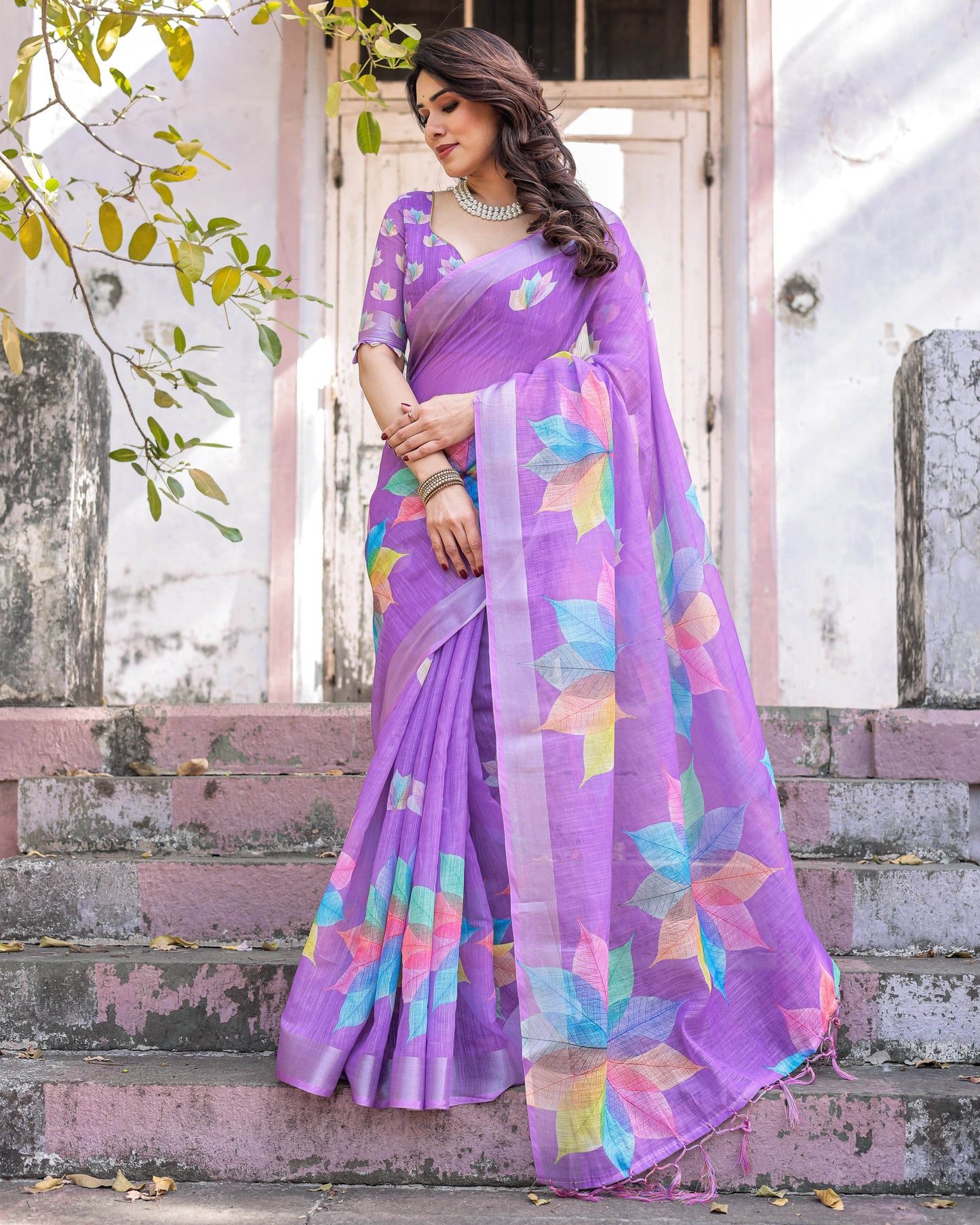 Multicolor Linen Saree with Traditional Patterns | Lightweight Festive Elegance - SEEANS