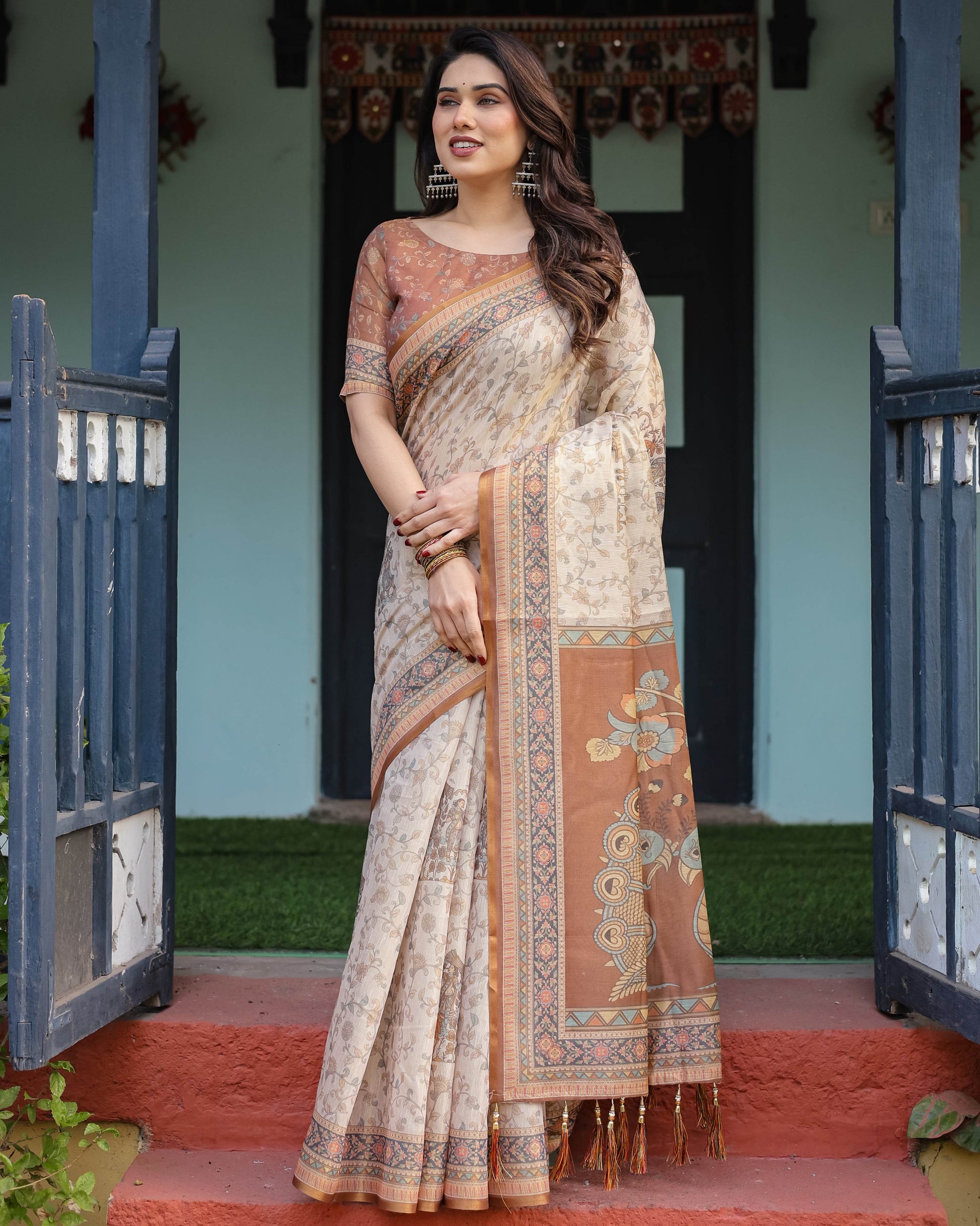 Beige and Rust Handloom Cotton-Linen Saree with Floral Motifs and Peacock Pallu - SEEANS