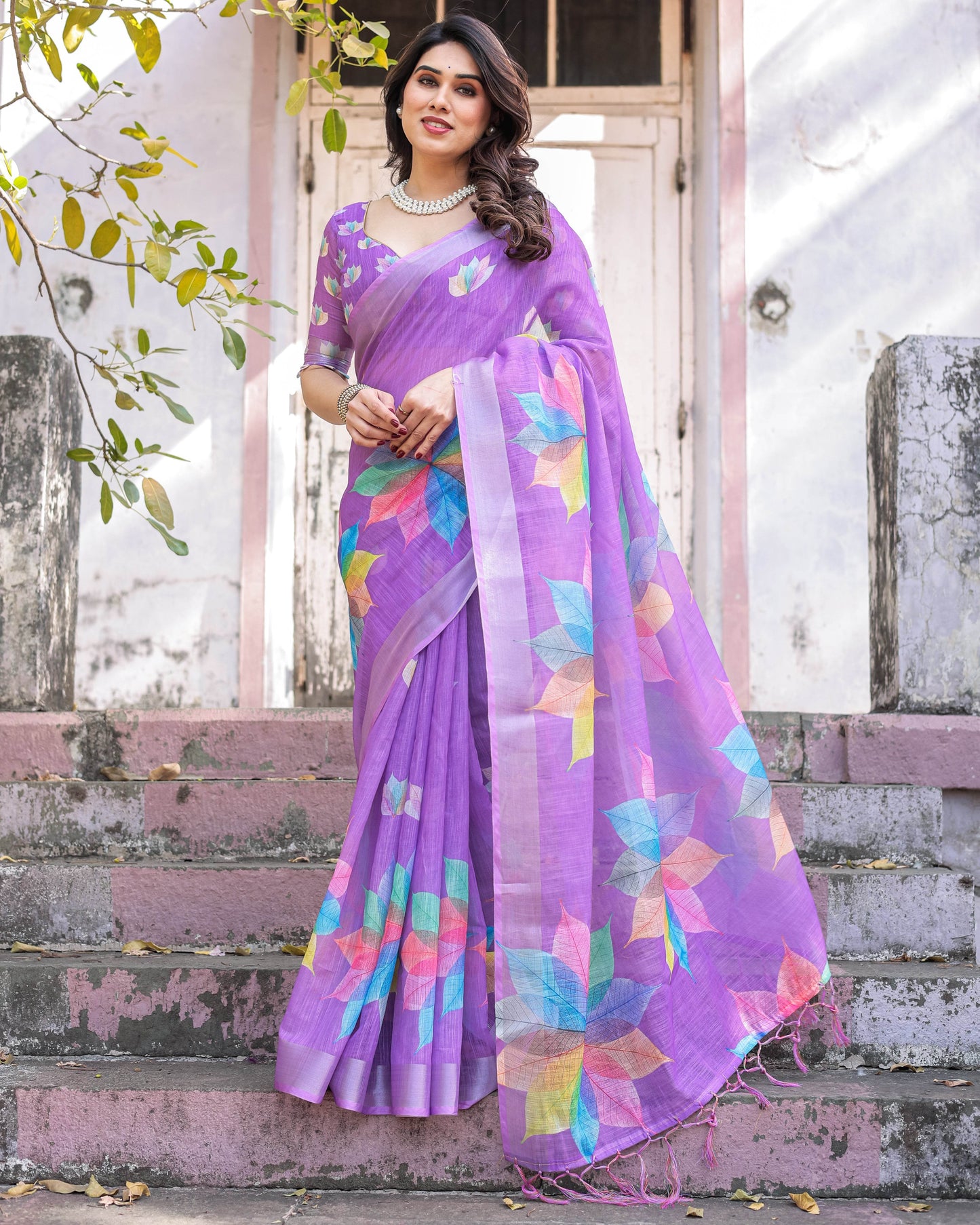 Multicolor Linen Saree with Traditional Patterns | Lightweight Festive Elegance - SEEANS