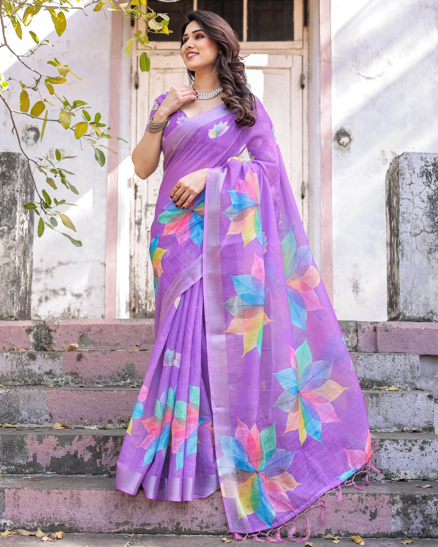 Multicolor Linen Saree with Traditional Patterns | Lightweight Festive Elegance - SEEANS