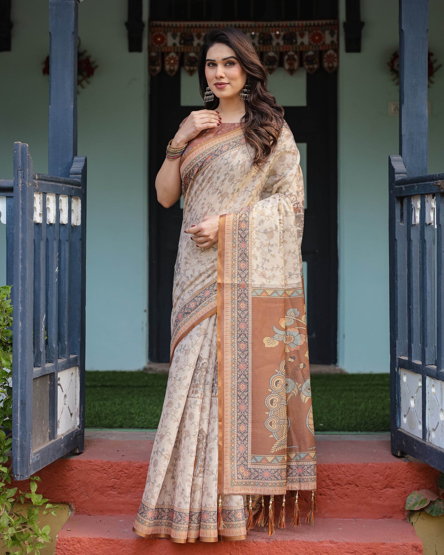 Beige and Rust Handloom Cotton-Linen Saree with Floral Motifs and Peacock Pallu - SEEANS