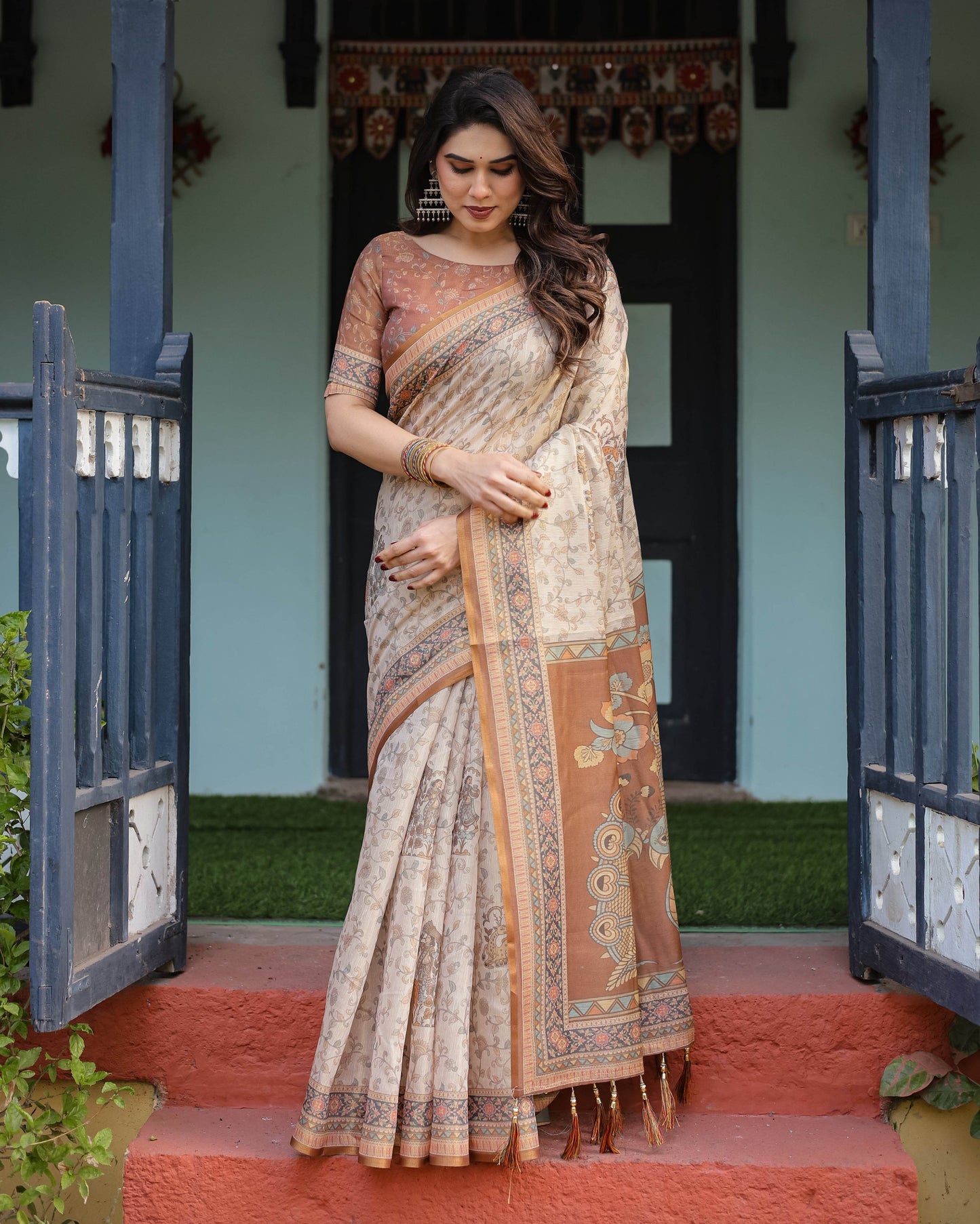 Beige and Rust Handloom Cotton-Linen Saree with Floral Motifs and Peacock Pallu - SEEANS