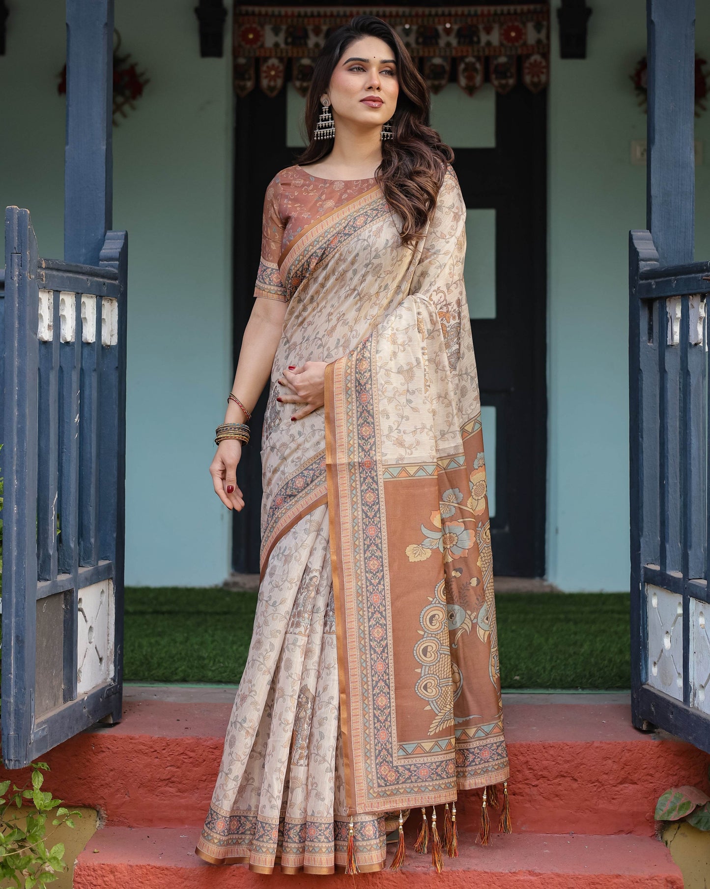 Beige and Rust Handloom Cotton-Linen Saree with Floral Motifs and Peacock Pallu - SEEANS