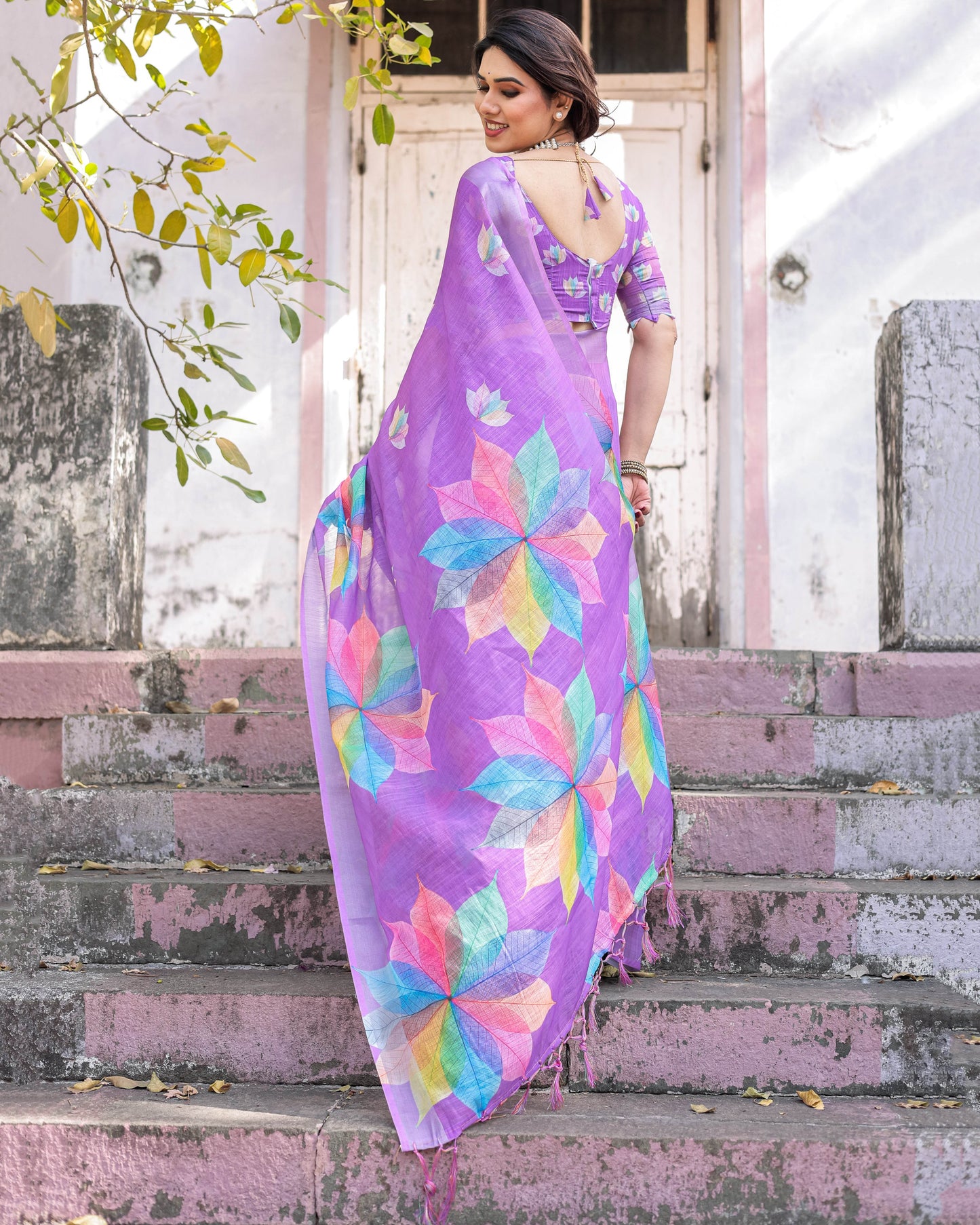 Multicolor Linen Saree with Traditional Patterns | Lightweight Festive Elegance - SEEANS