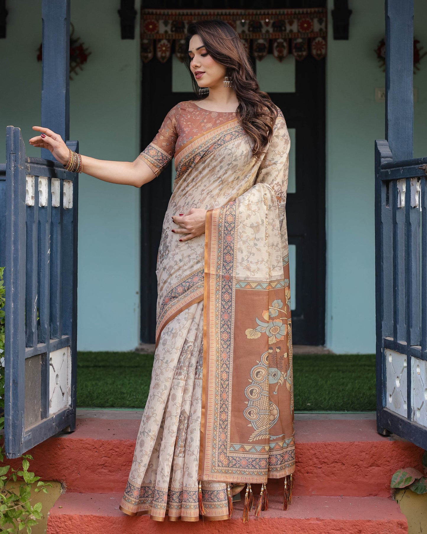 Beige and Rust Handloom Cotton-Linen Saree with Floral Motifs and Peacock Pallu - SEEANS