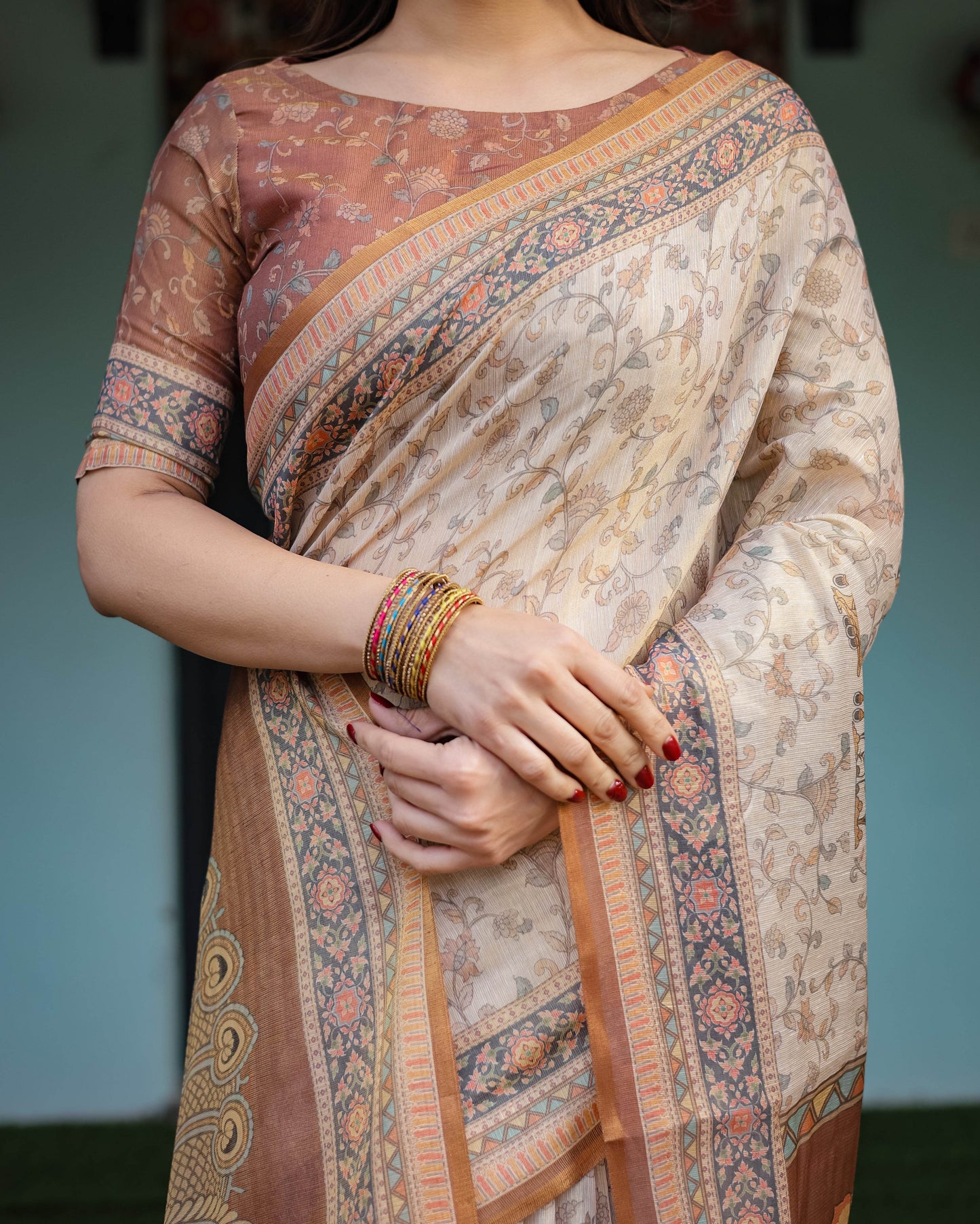 Beige and Rust Handloom Cotton-Linen Saree with Floral Motifs and Peacock Pallu - SEEANS