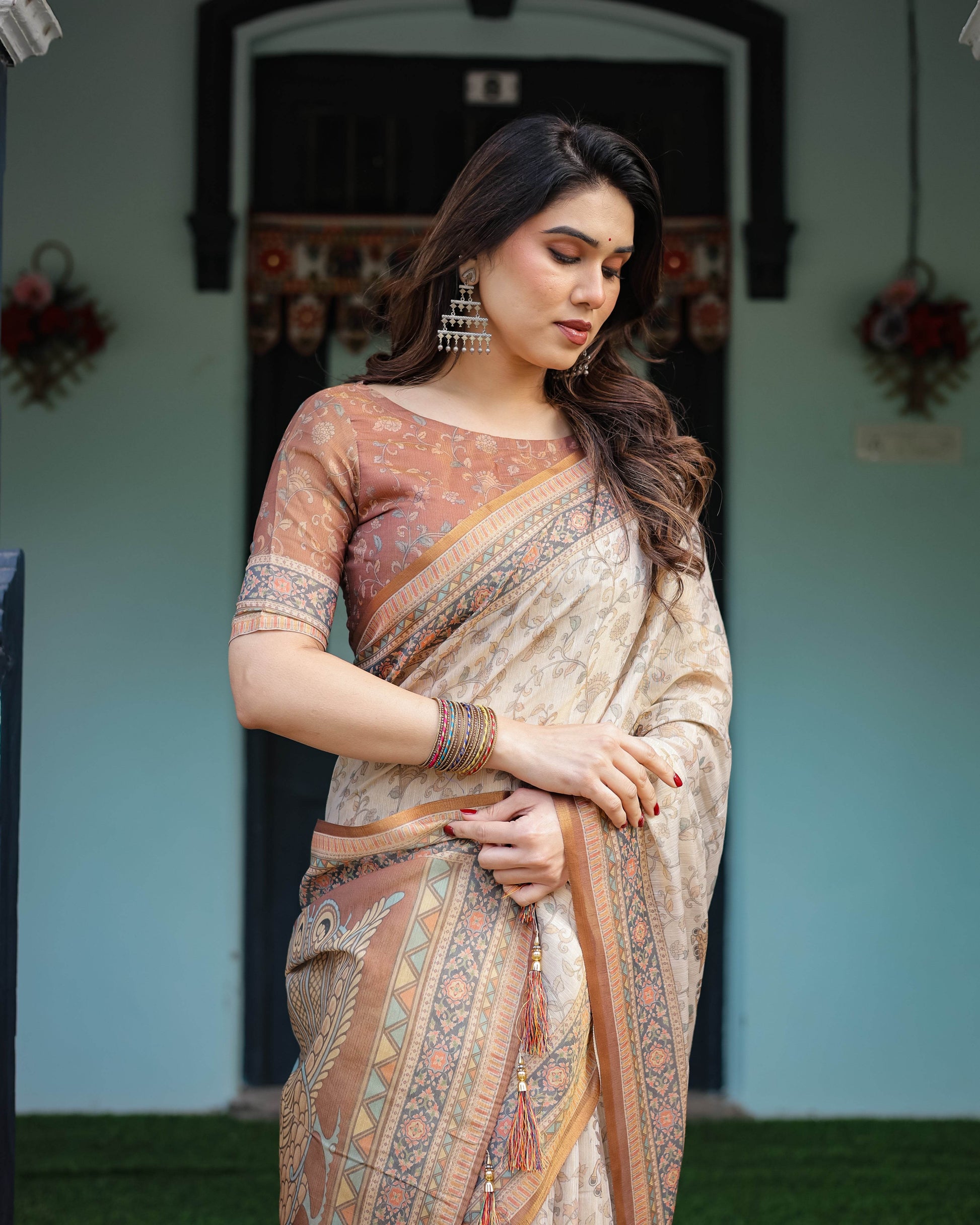 Beige and Rust Handloom Cotton-Linen Saree with Floral Motifs and Peacock Pallu - SEEANS