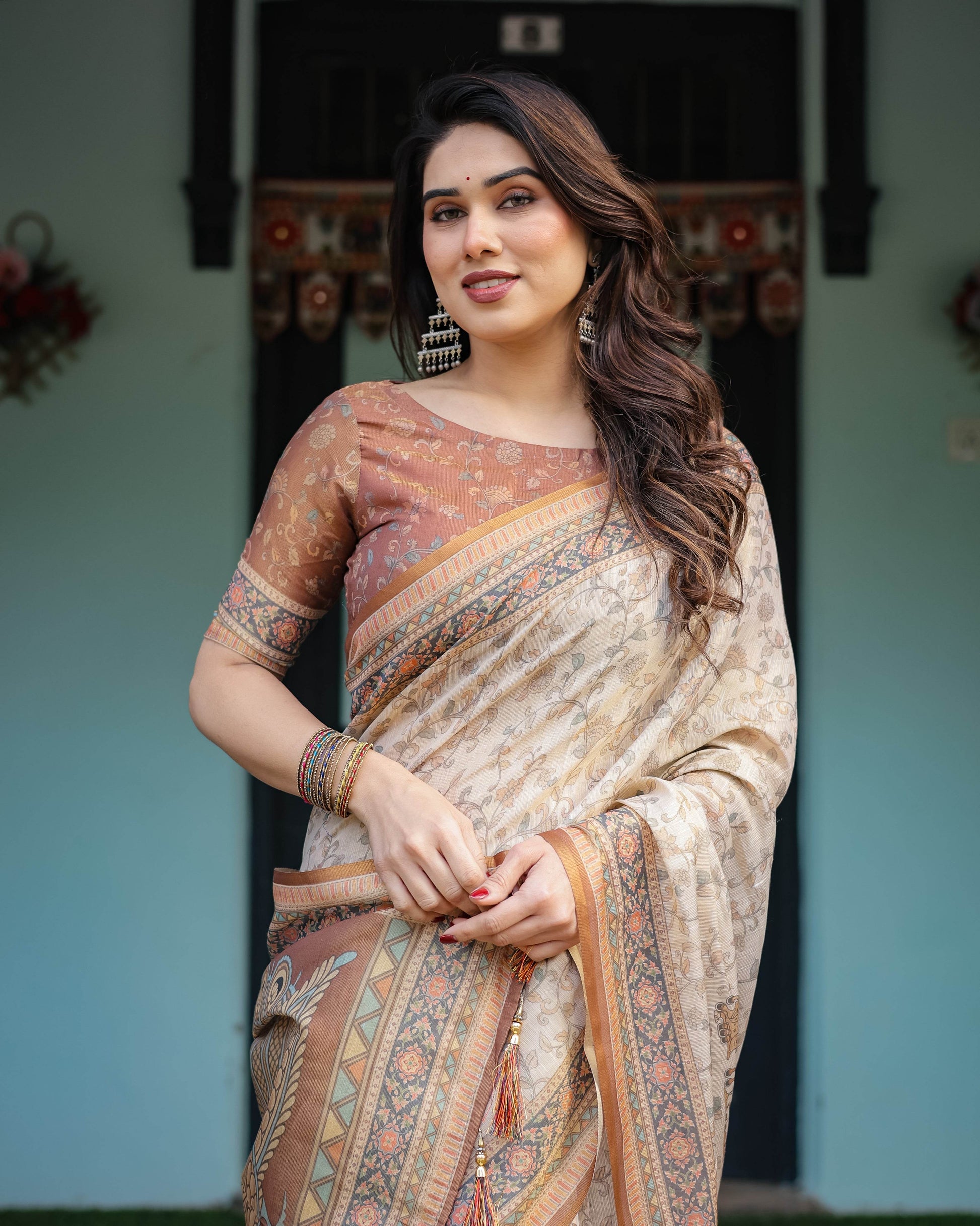 Beige and Rust Handloom Cotton-Linen Saree with Floral Motifs and Peacock Pallu - SEEANS