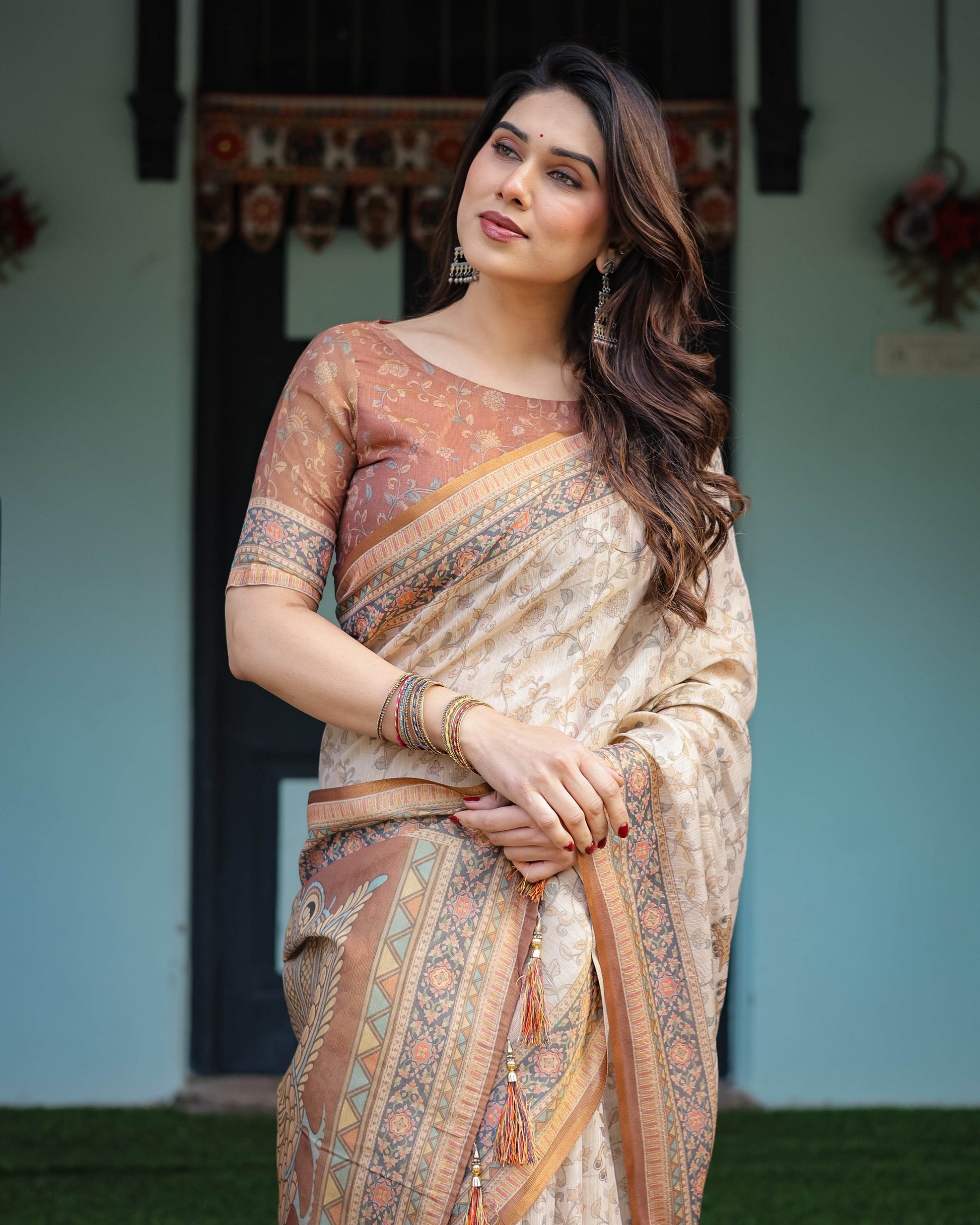 Beige and Rust Handloom Cotton-Linen Saree with Floral Motifs and Peacock Pallu - SEEANS