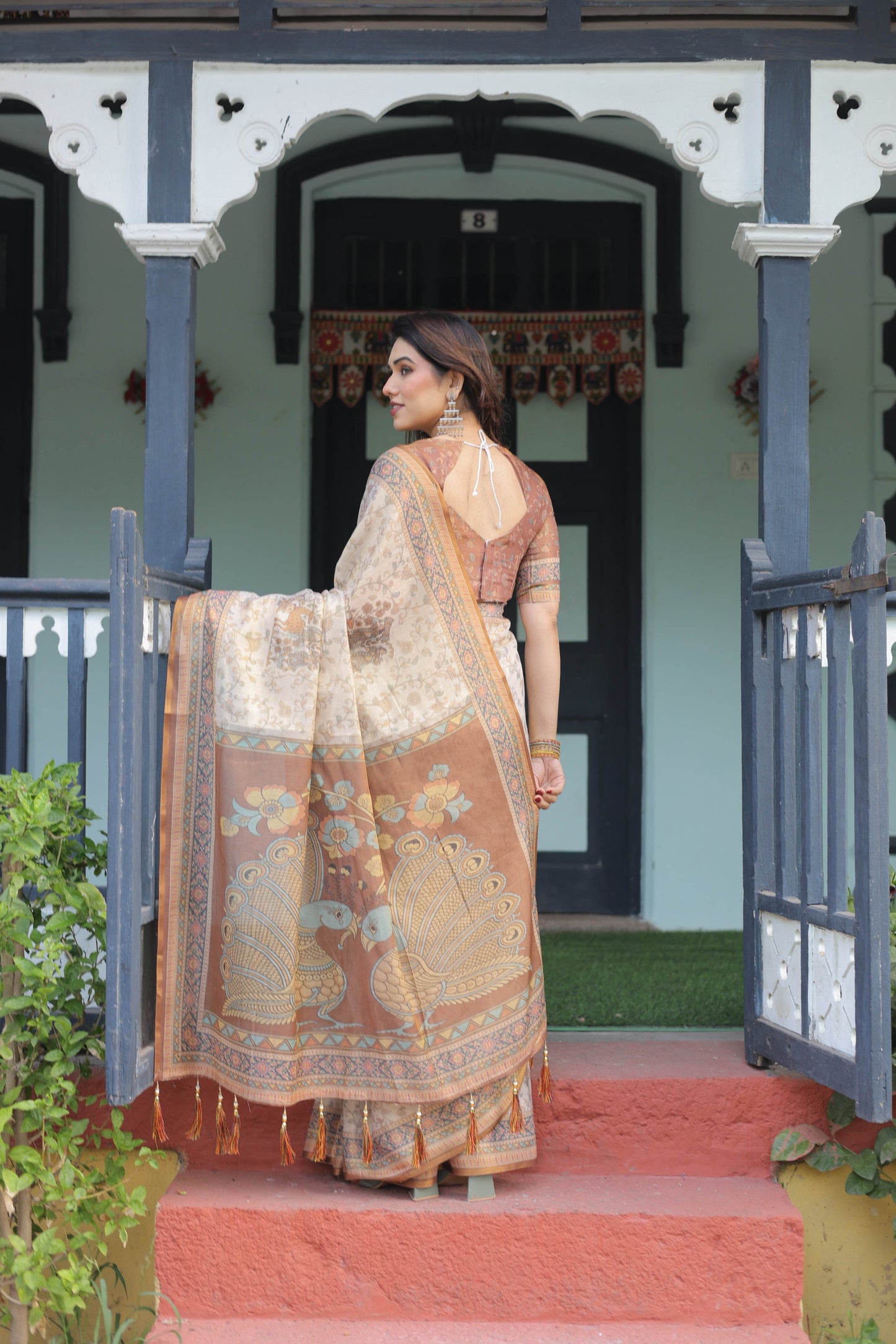 Beige and Rust Handloom Cotton-Linen Saree with Floral Motifs and Peacock Pallu - SEEANS