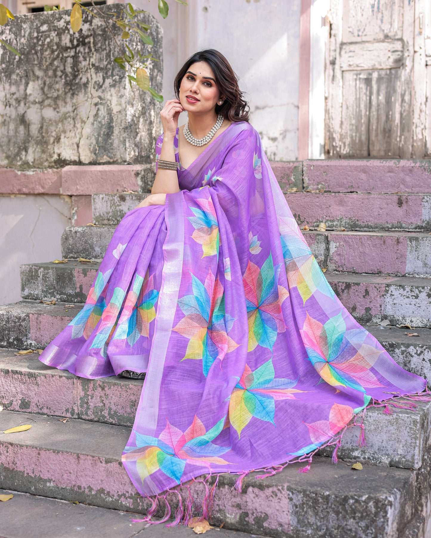 Multicolor Linen Saree with Traditional Patterns | Lightweight Festive Elegance - SEEANS