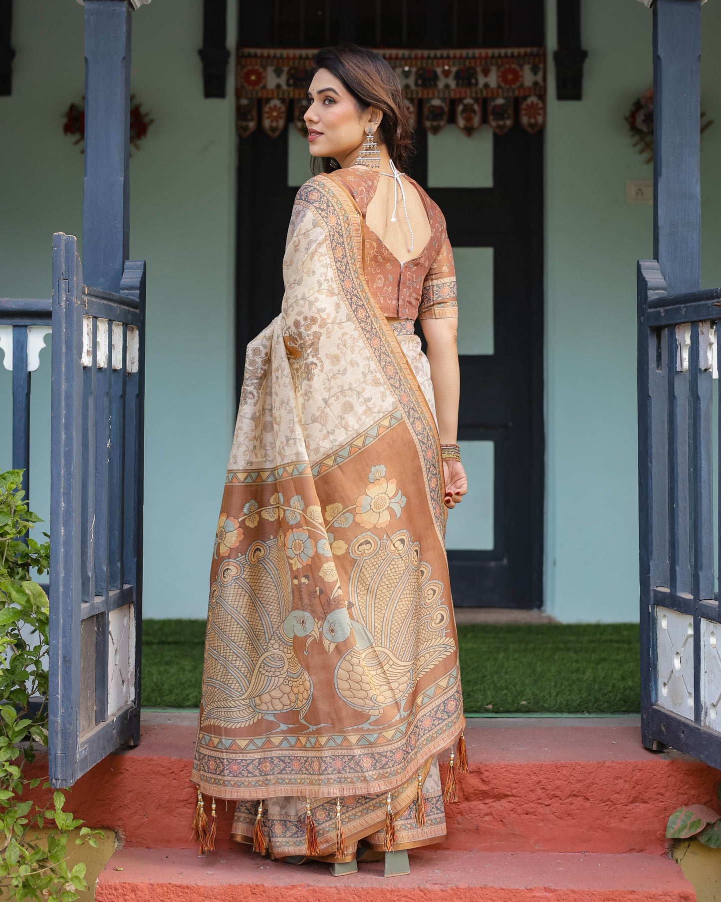 Beige and Rust Handloom Cotton-Linen Saree with Floral Motifs and Peacock Pallu - SEEANS