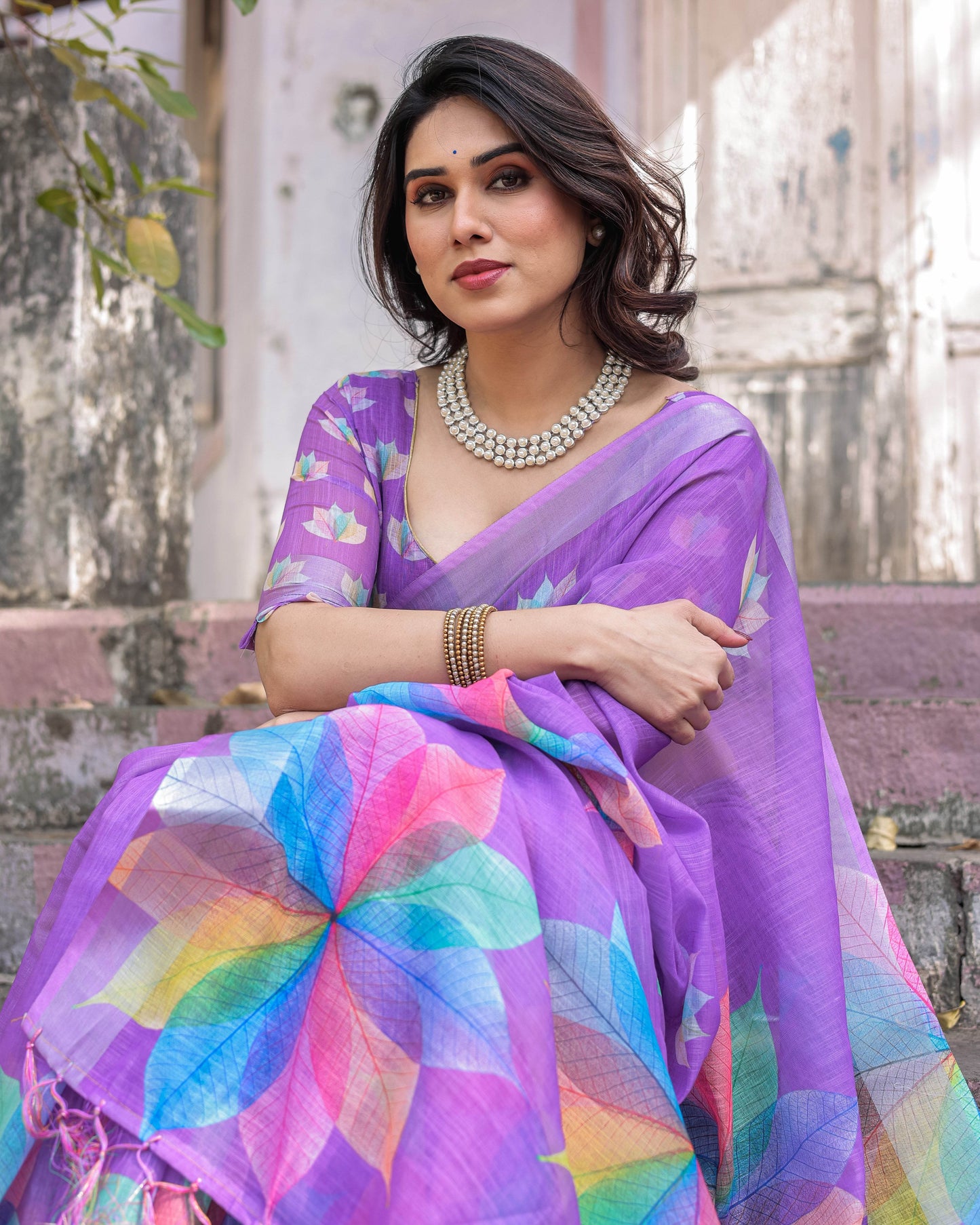 Multicolor Linen Saree with Traditional Patterns | Lightweight Festive Elegance - SEEANS