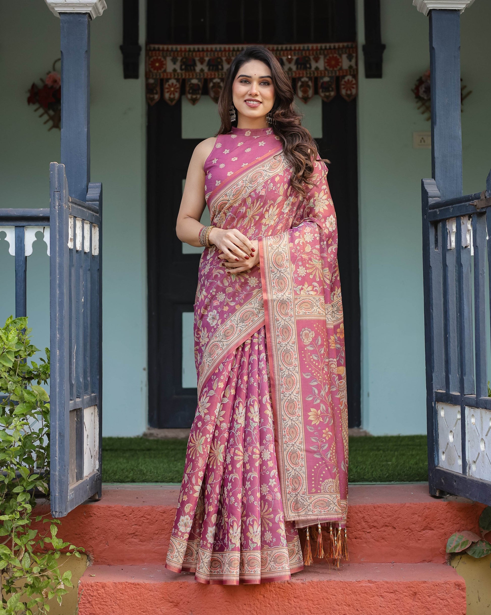 Magenta Handloom Cotton-Linen Saree with Gold Floral Motifs and Peacock Pallu - SEEANS