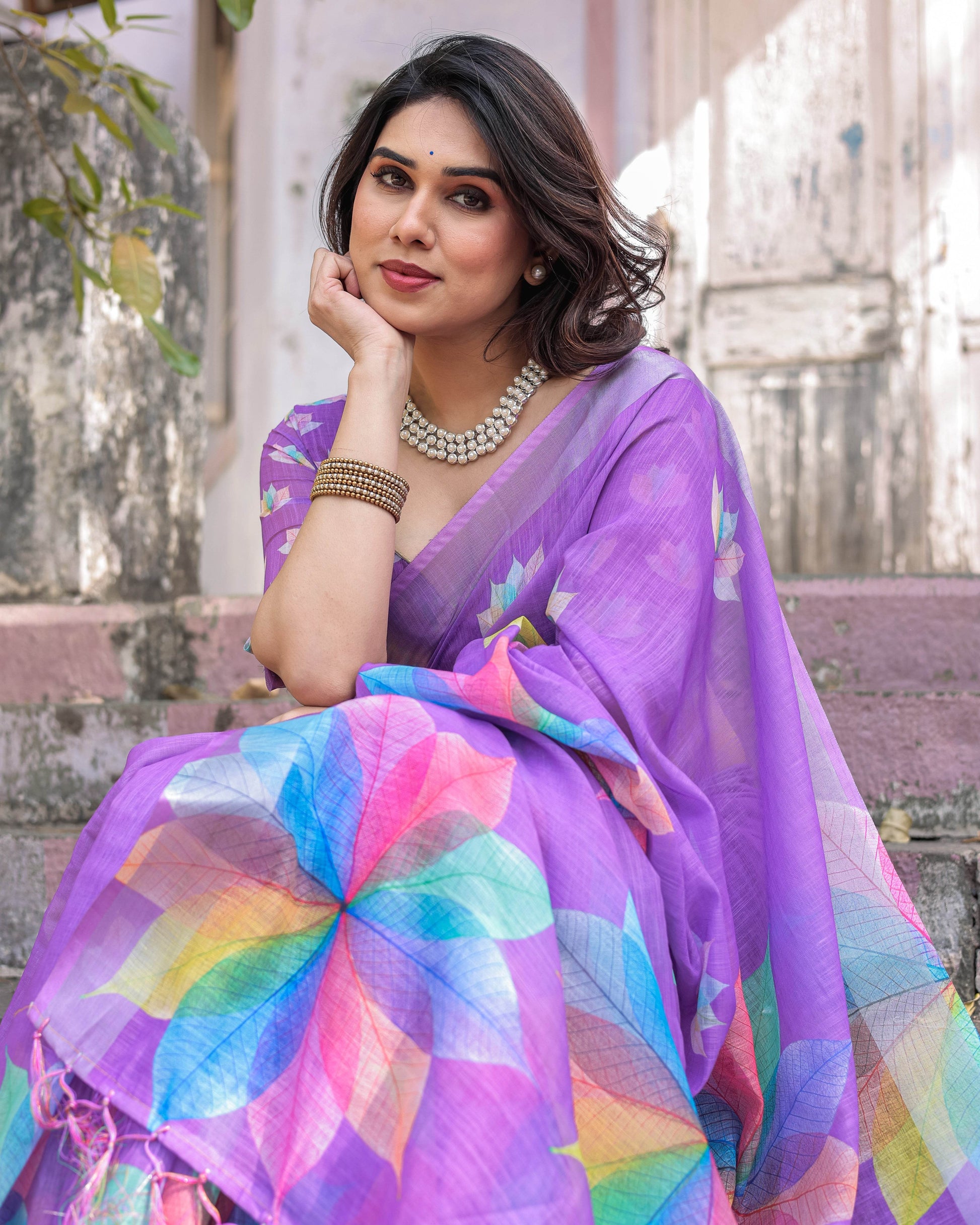 Multicolor Linen Saree with Traditional Patterns | Lightweight Festive Elegance - SEEANS