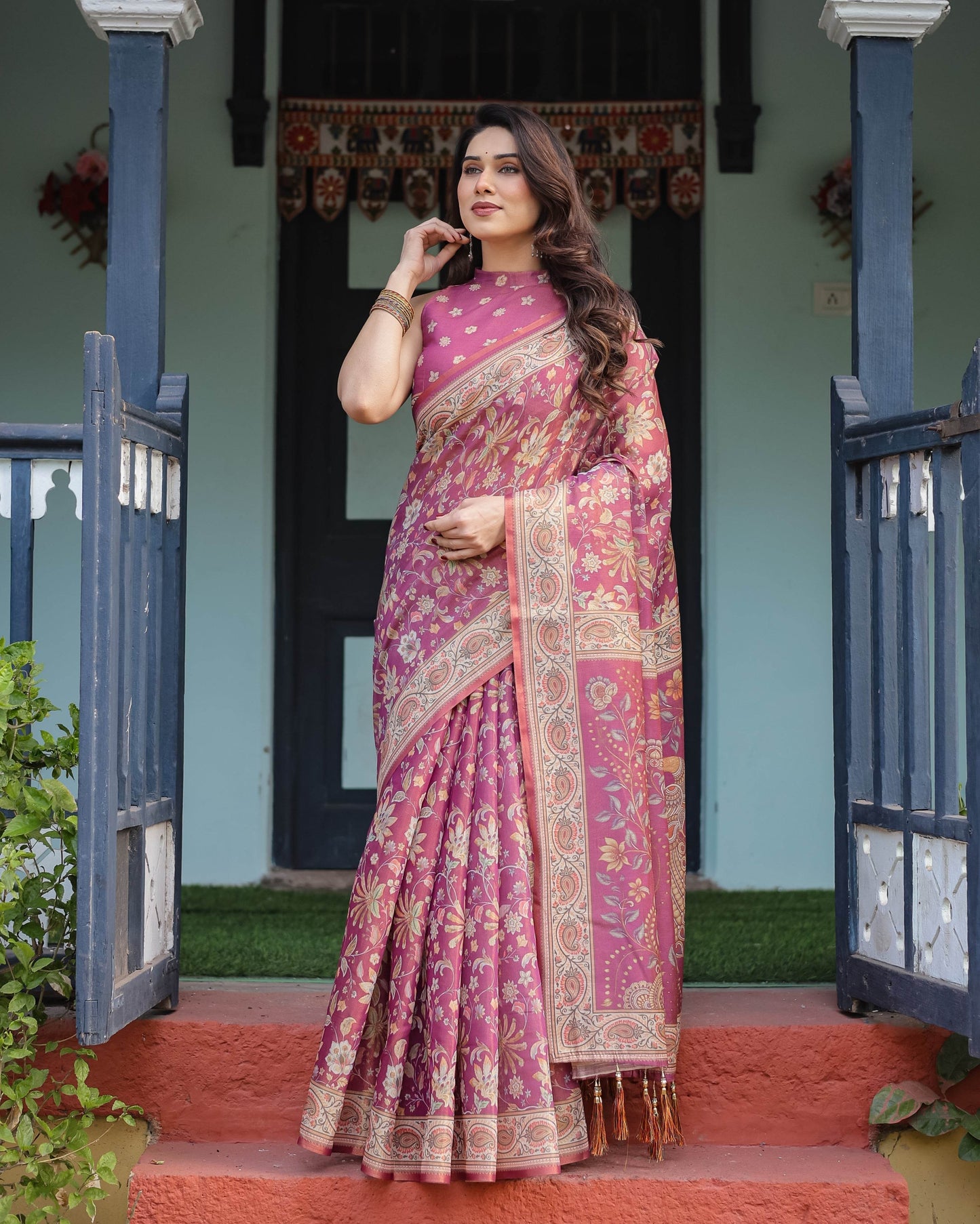 Magenta Handloom Cotton-Linen Saree with Gold Floral Motifs and Peacock Pallu - SEEANS