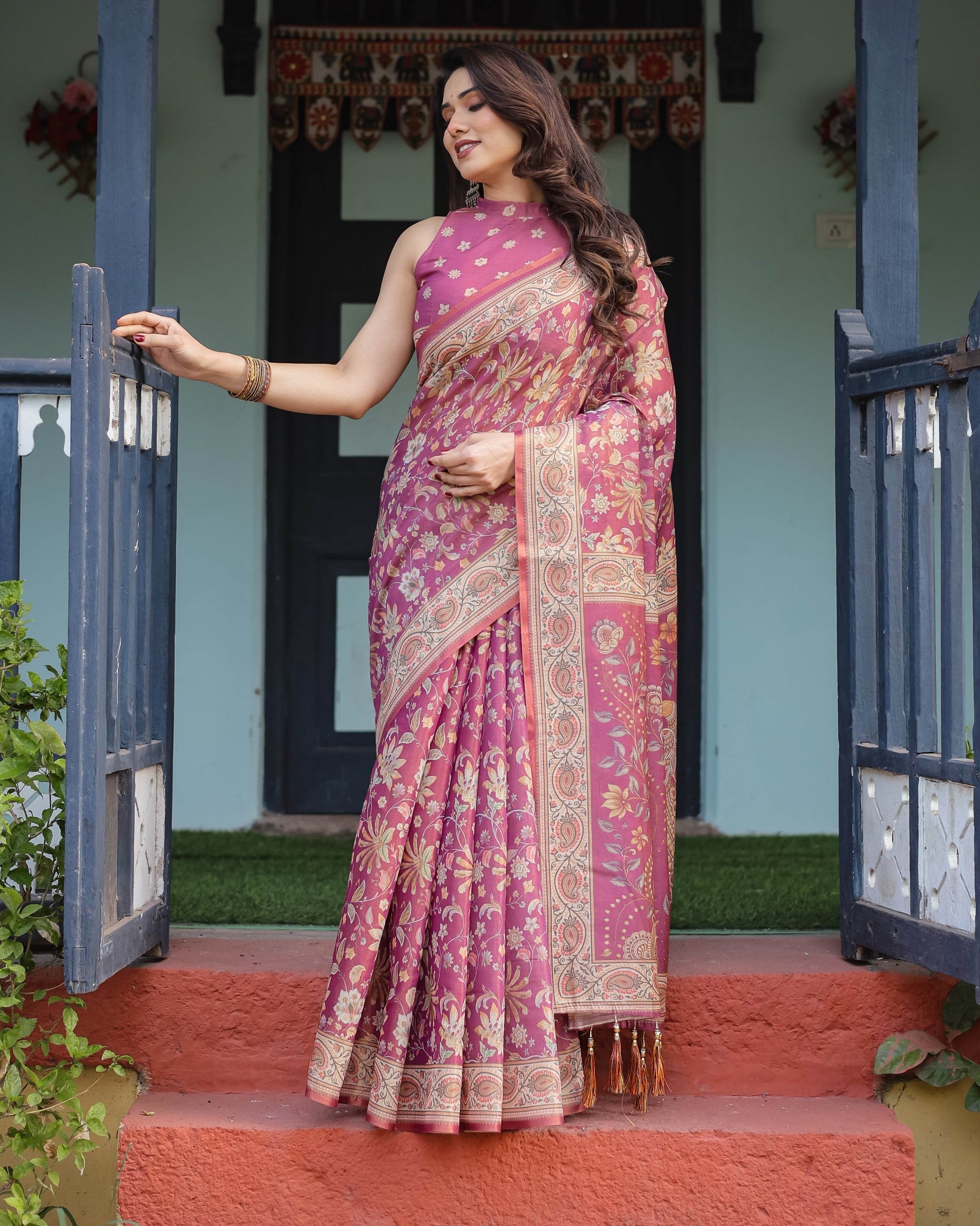 Magenta Handloom Cotton-Linen Saree with Gold Floral Motifs and Peacock Pallu - SEEANS