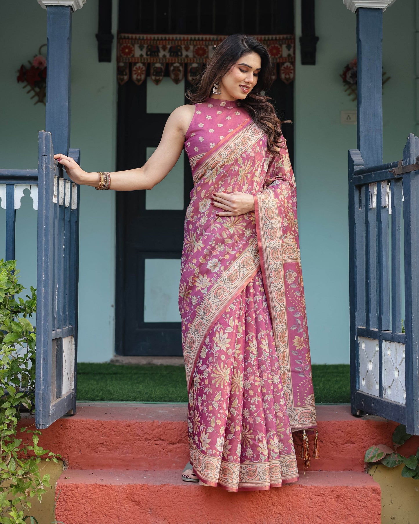 Magenta Handloom Cotton-Linen Saree with Gold Floral Motifs and Peacock Pallu - SEEANS