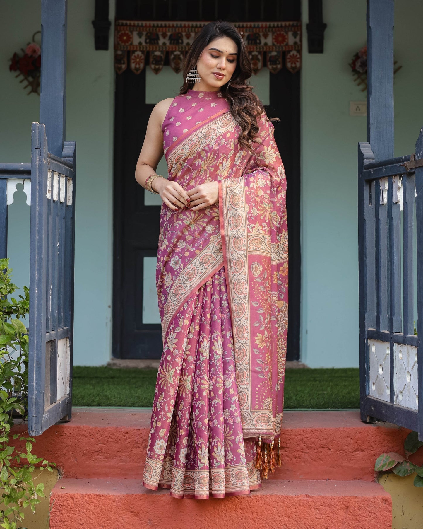 Magenta Handloom Cotton-Linen Saree with Gold Floral Motifs and Peacock Pallu - SEEANS