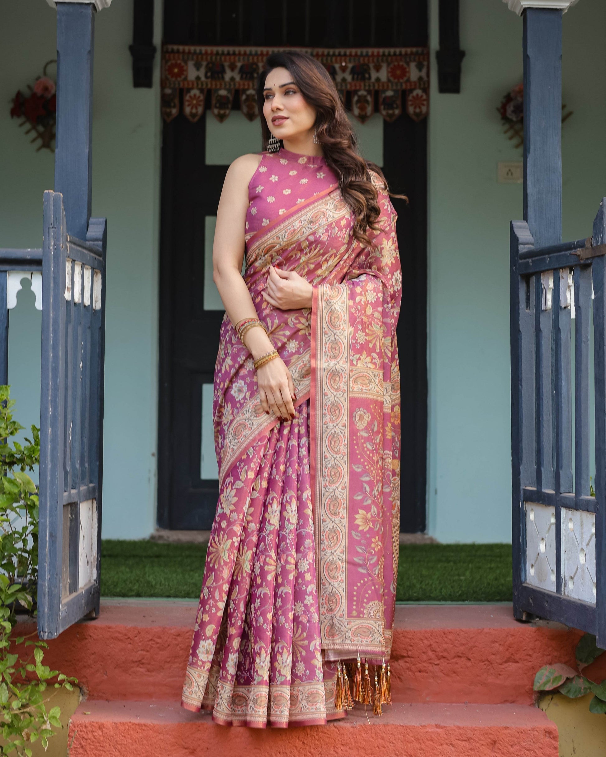 Magenta Handloom Cotton-Linen Saree with Gold Floral Motifs and Peacock Pallu - SEEANS