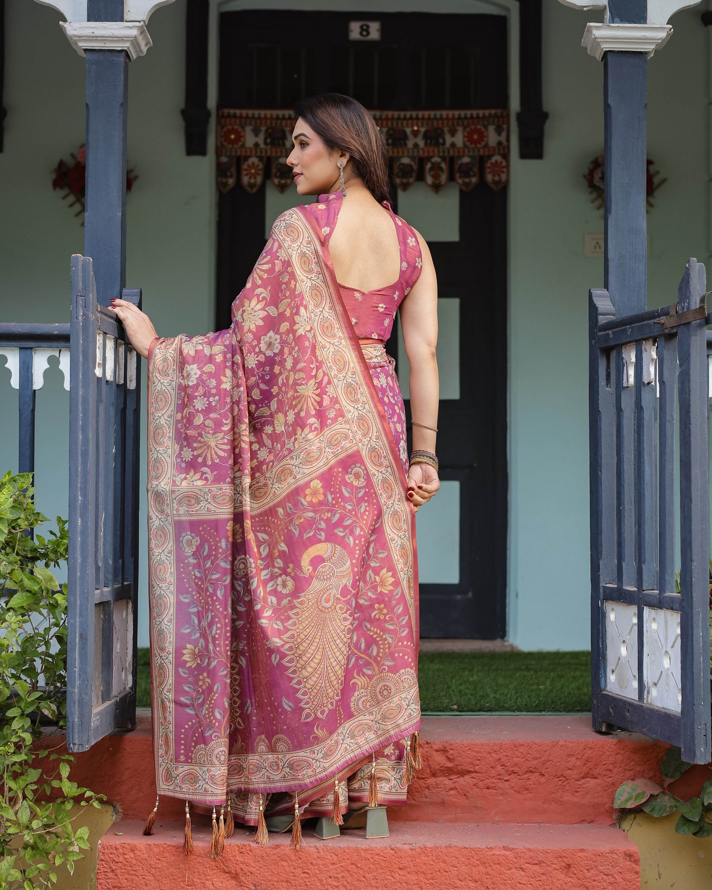 Magenta Handloom Cotton-Linen Saree with Gold Floral Motifs and Peacock Pallu - SEEANS