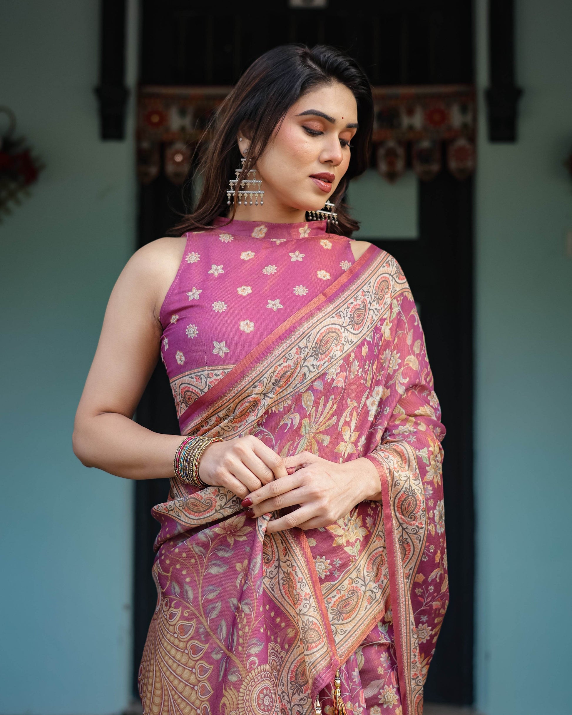 Magenta Handloom Cotton-Linen Saree with Gold Floral Motifs and Peacock Pallu - SEEANS