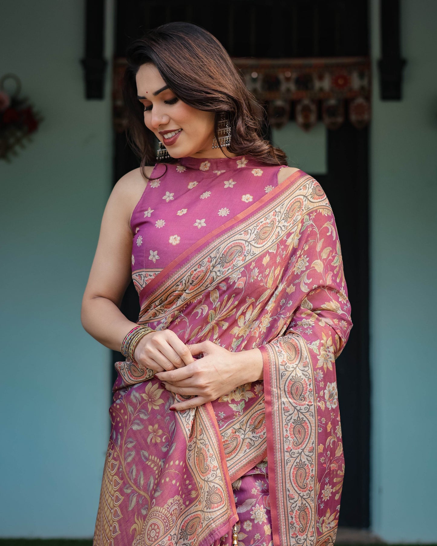 Magenta Handloom Cotton-Linen Saree with Gold Floral Motifs and Peacock Pallu - SEEANS