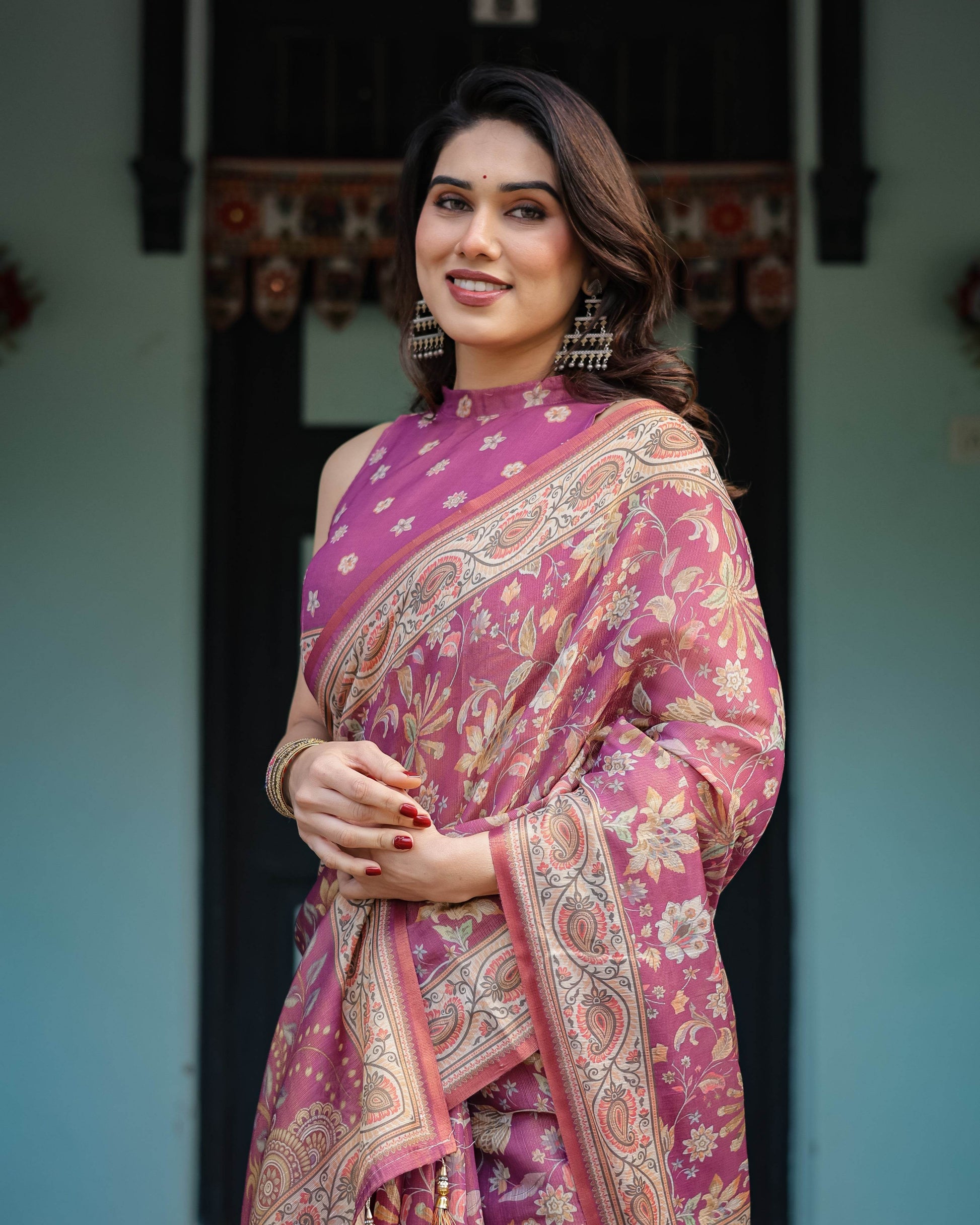 Magenta Handloom Cotton-Linen Saree with Gold Floral Motifs and Peacock Pallu - SEEANS