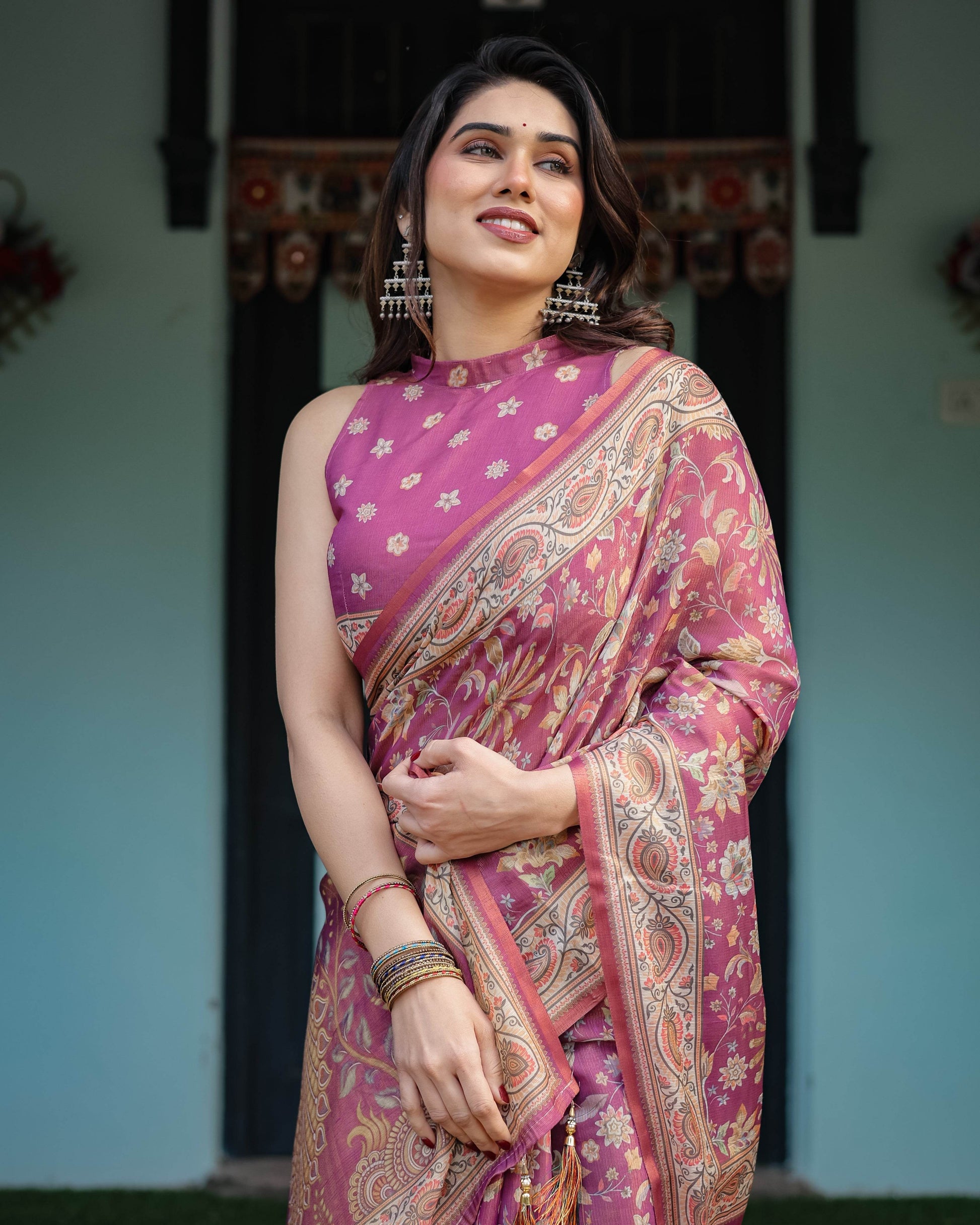 Magenta Handloom Cotton-Linen Saree with Gold Floral Motifs and Peacock Pallu - SEEANS