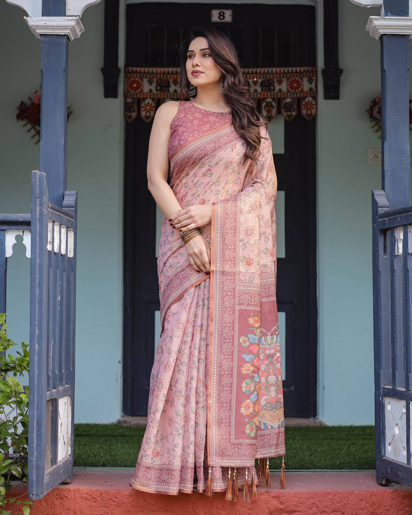 Blush Pink Handloom Cotton-Linen Saree with Floral Motifs and Artistic Pallu - SEEANS