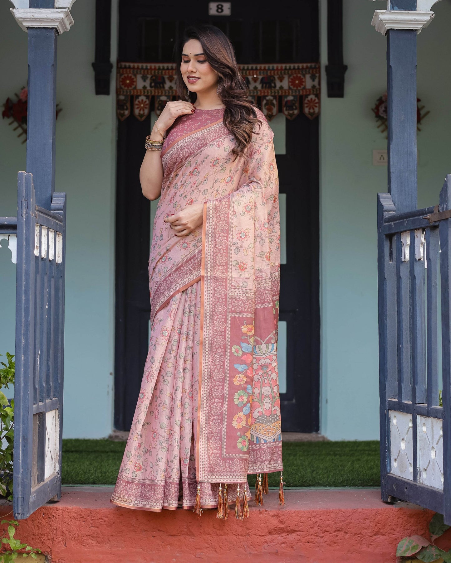 Blush Pink Handloom Cotton-Linen Saree with Floral Motifs and Artistic Pallu - SEEANS