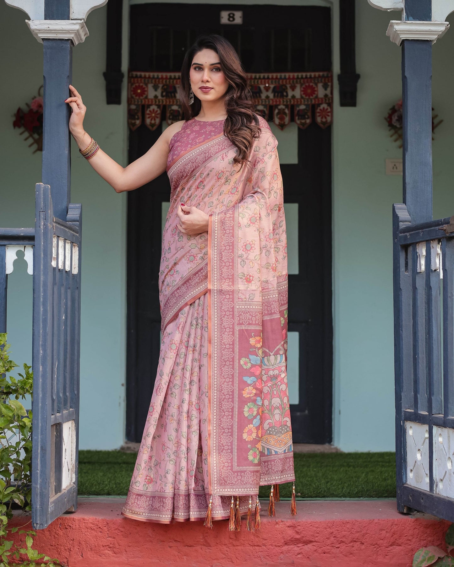 Blush Pink Handloom Cotton-Linen Saree with Floral Motifs and Artistic Pallu - SEEANS