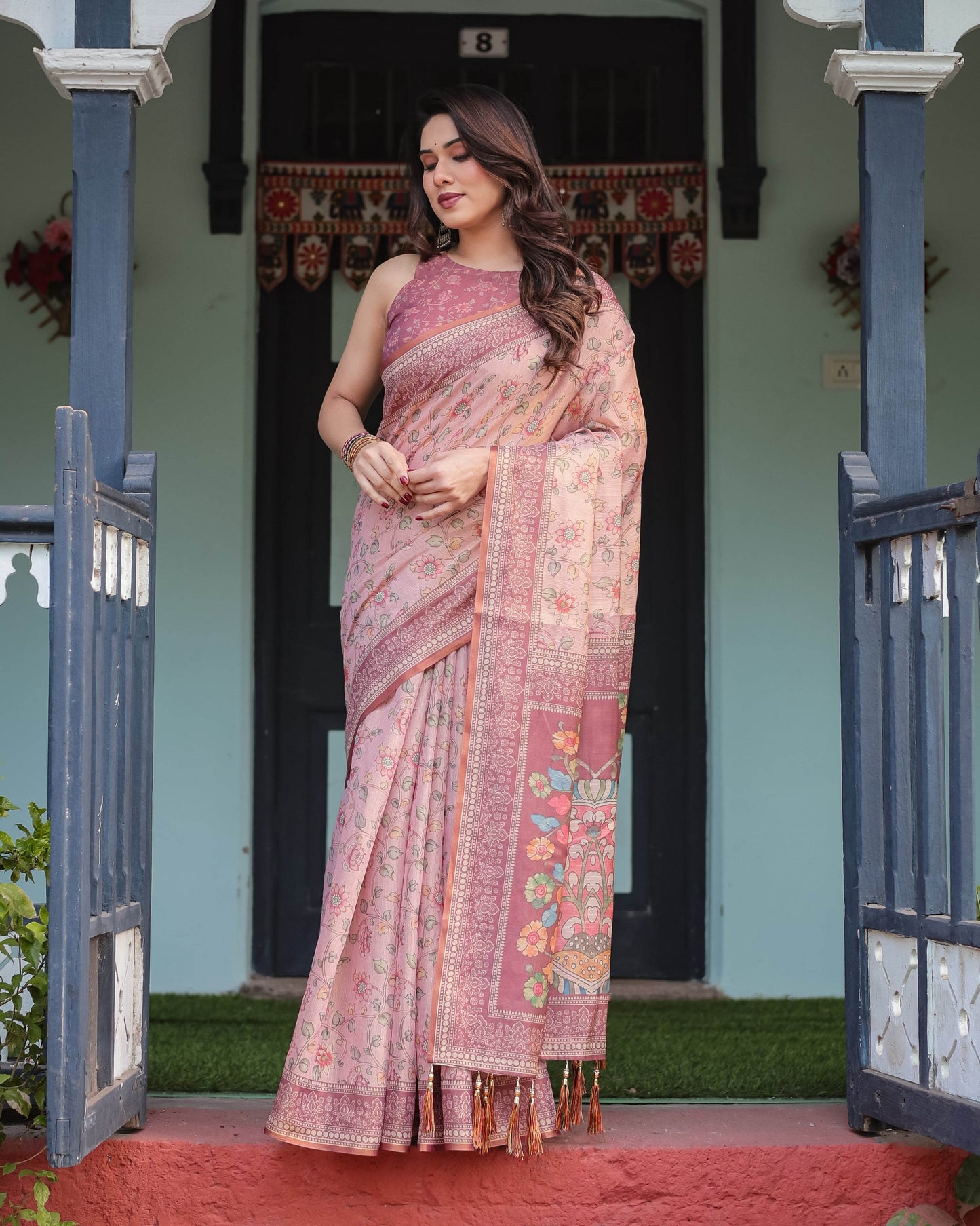 Blush Pink Handloom Cotton-Linen Saree with Floral Motifs and Artistic Pallu - SEEANS