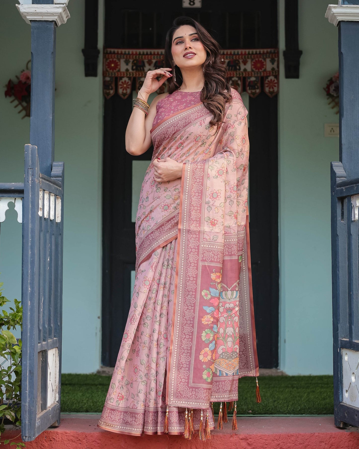 Blush Pink Handloom Cotton-Linen Saree with Floral Motifs and Artistic Pallu - SEEANS