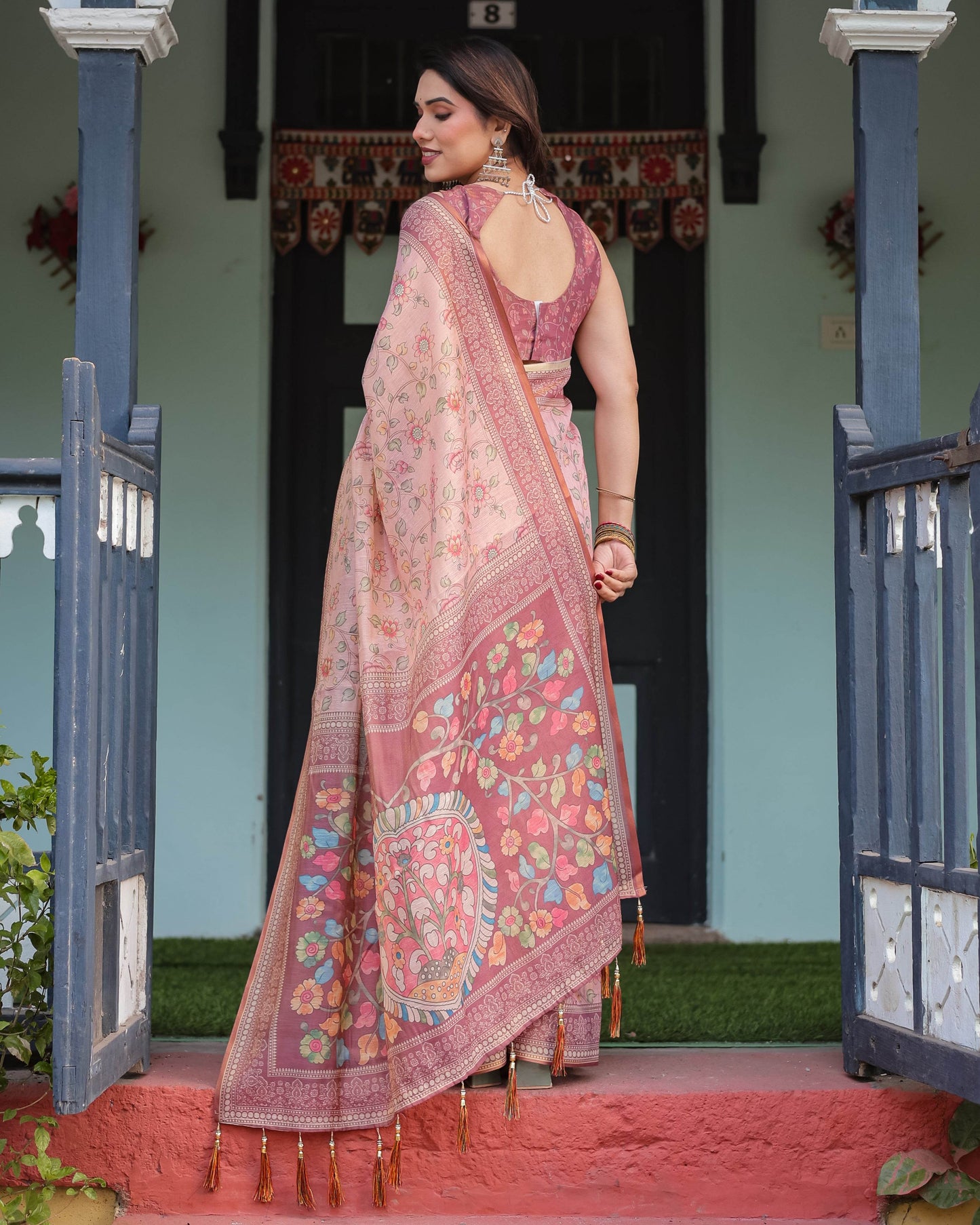 Blush Pink Handloom Cotton-Linen Saree with Floral Motifs and Artistic Pallu - SEEANS