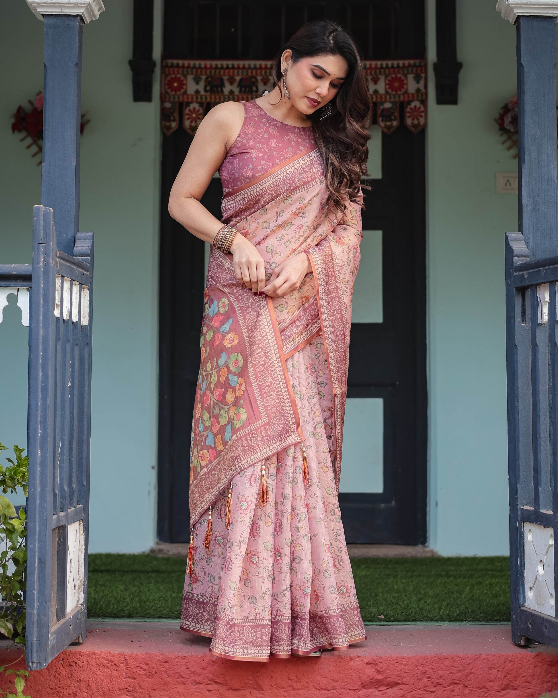 Blush Pink Handloom Cotton-Linen Saree with Floral Motifs and Artistic Pallu - SEEANS