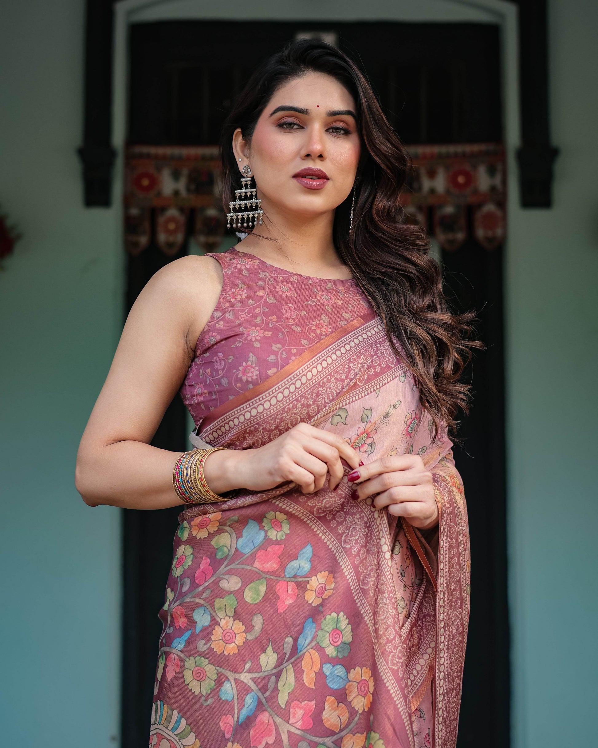 Blush Pink Handloom Cotton-Linen Saree with Floral Motifs and Artistic Pallu - SEEANS