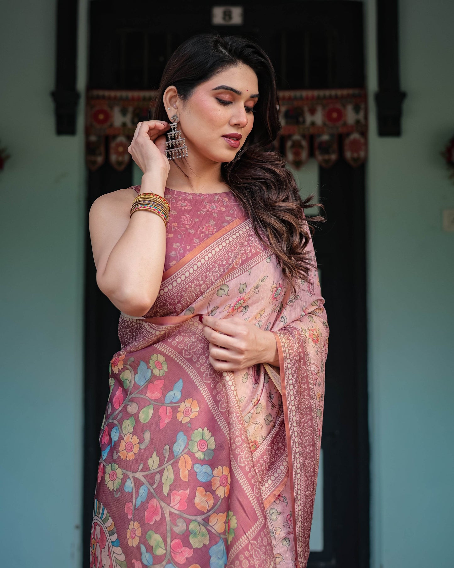 Blush Pink Handloom Cotton-Linen Saree with Floral Motifs and Artistic Pallu - SEEANS