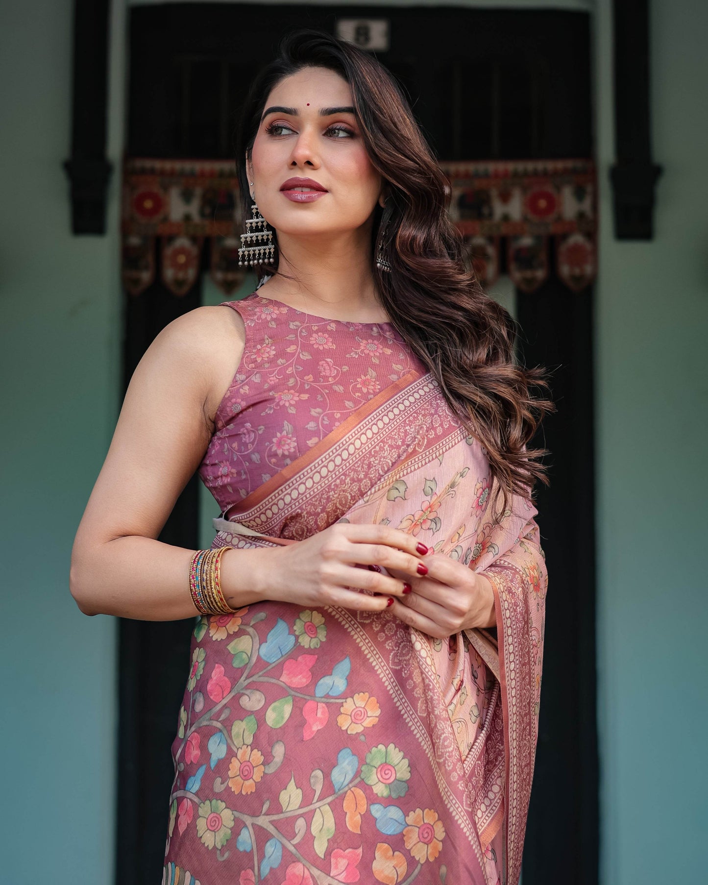 Blush Pink Handloom Cotton-Linen Saree with Floral Motifs and Artistic Pallu - SEEANS