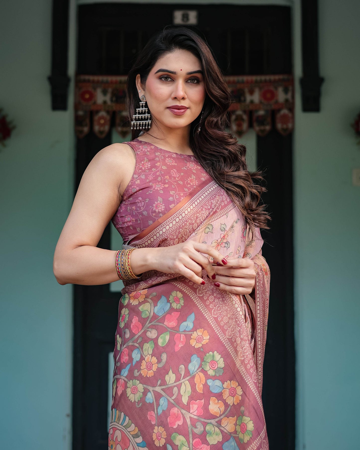 Blush Pink Handloom Cotton-Linen Saree with Floral Motifs and Artistic Pallu - SEEANS