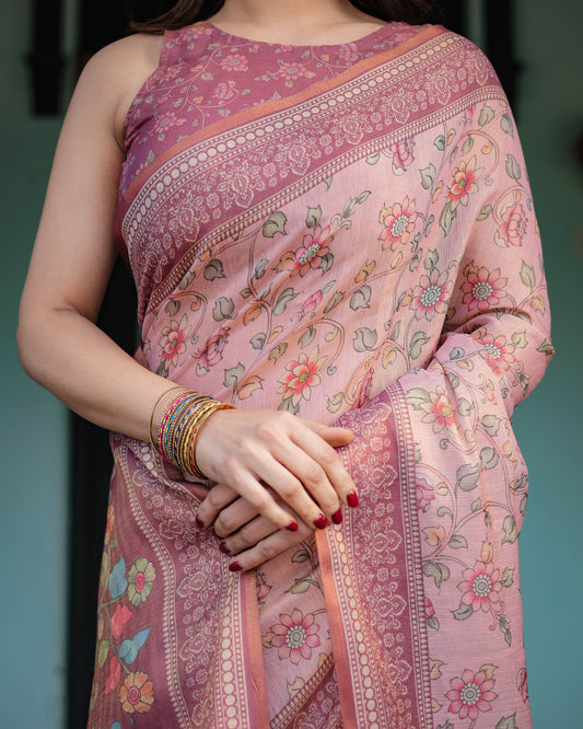 Blush Pink Handloom Cotton-Linen Saree with Floral Motifs and Artistic Pallu - SEEANS