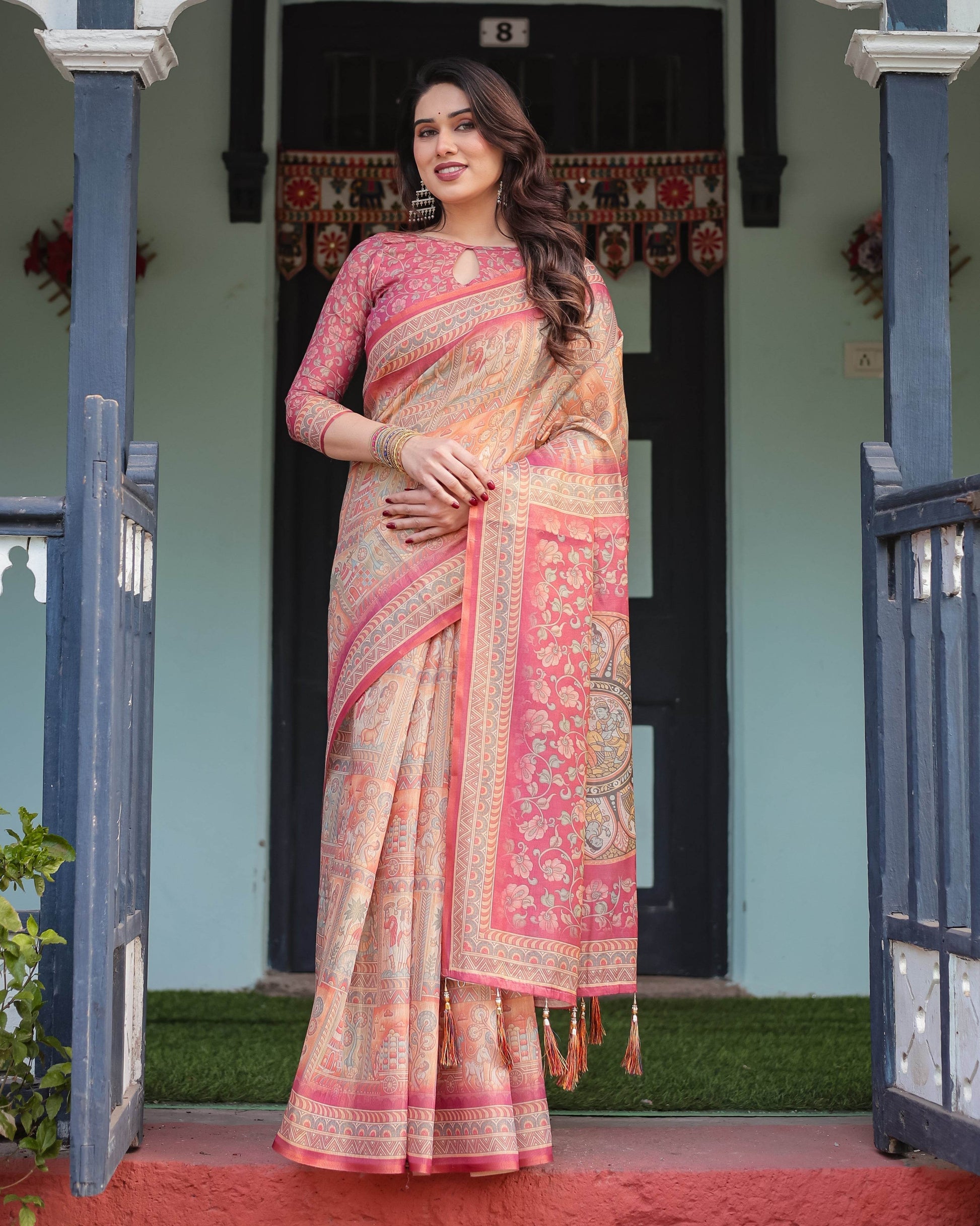 Peach and Pink Handloom Cotton-Linen Saree with Mythological Motifs and Floral Pallu - SEEANS