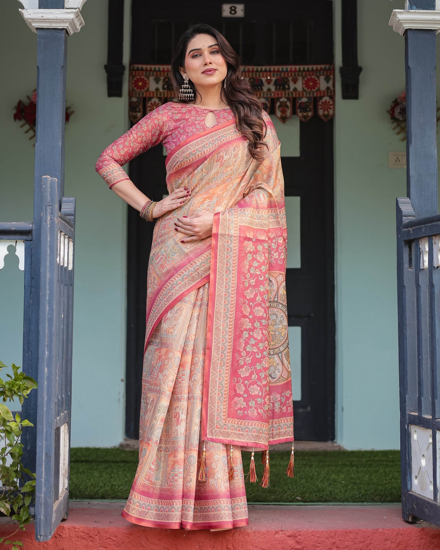 Peach and Pink Handloom Cotton-Linen Saree with Mythological Motifs and Floral Pallu - SEEANS