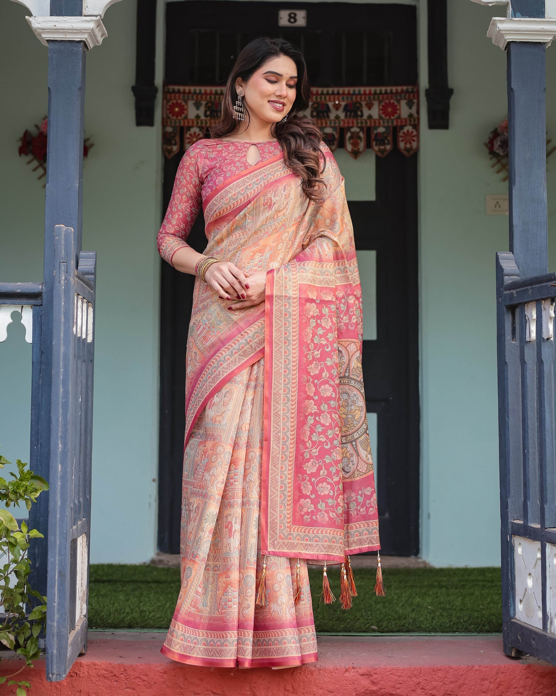 Peach and Pink Handloom Cotton-Linen Saree with Mythological Motifs and Floral Pallu - SEEANS