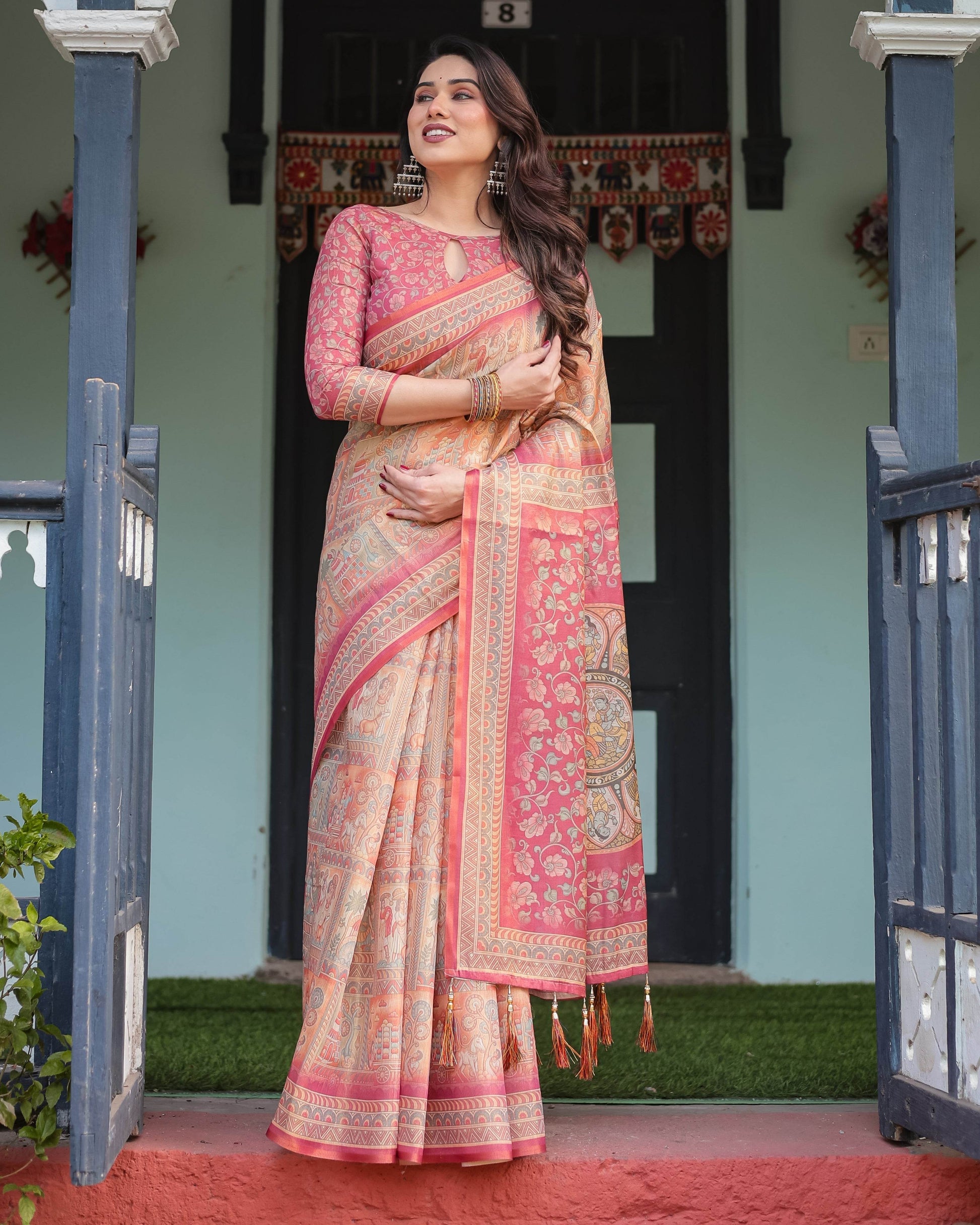 Peach and Pink Handloom Cotton-Linen Saree with Mythological Motifs and Floral Pallu - SEEANS