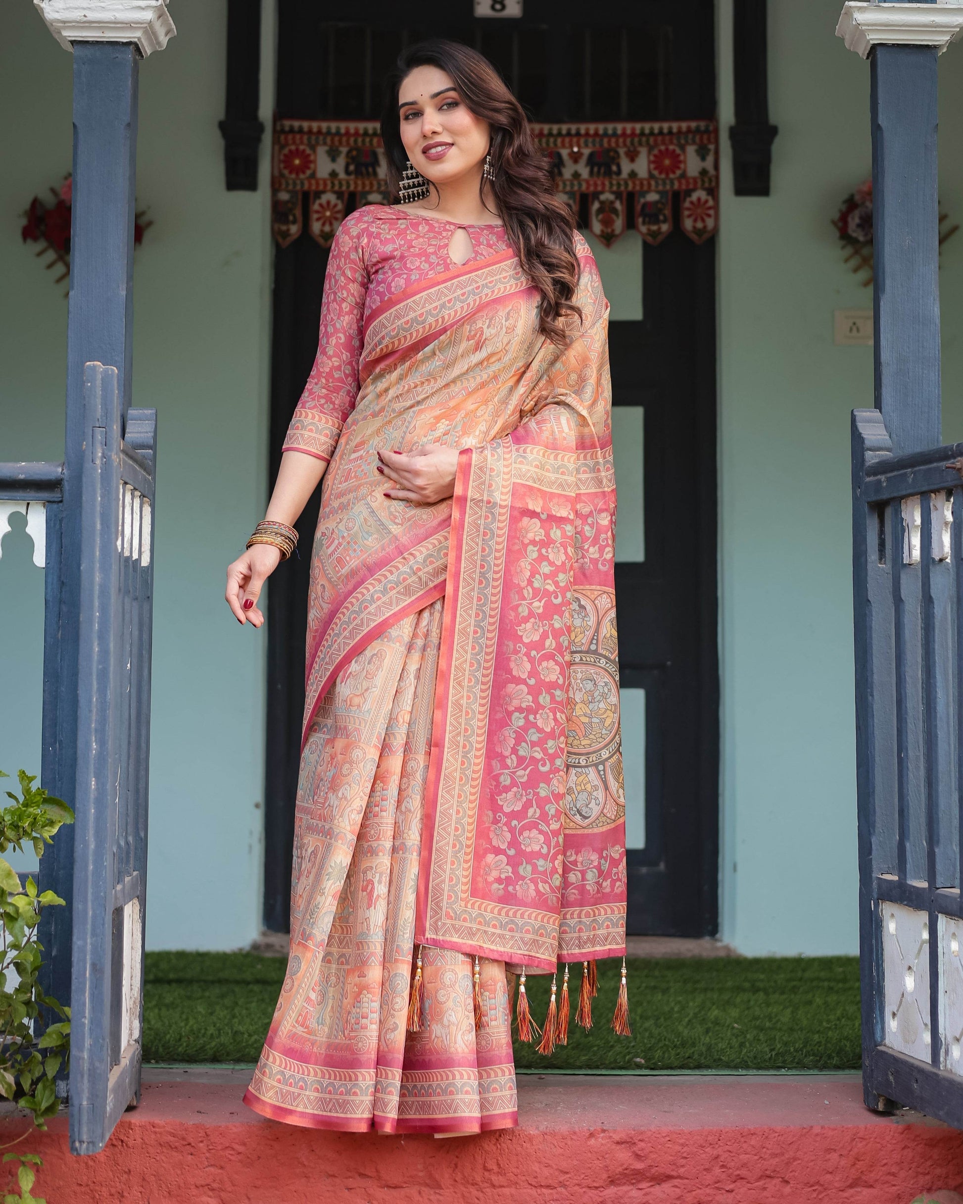 Peach and Pink Handloom Cotton-Linen Saree with Mythological Motifs and Floral Pallu - SEEANS