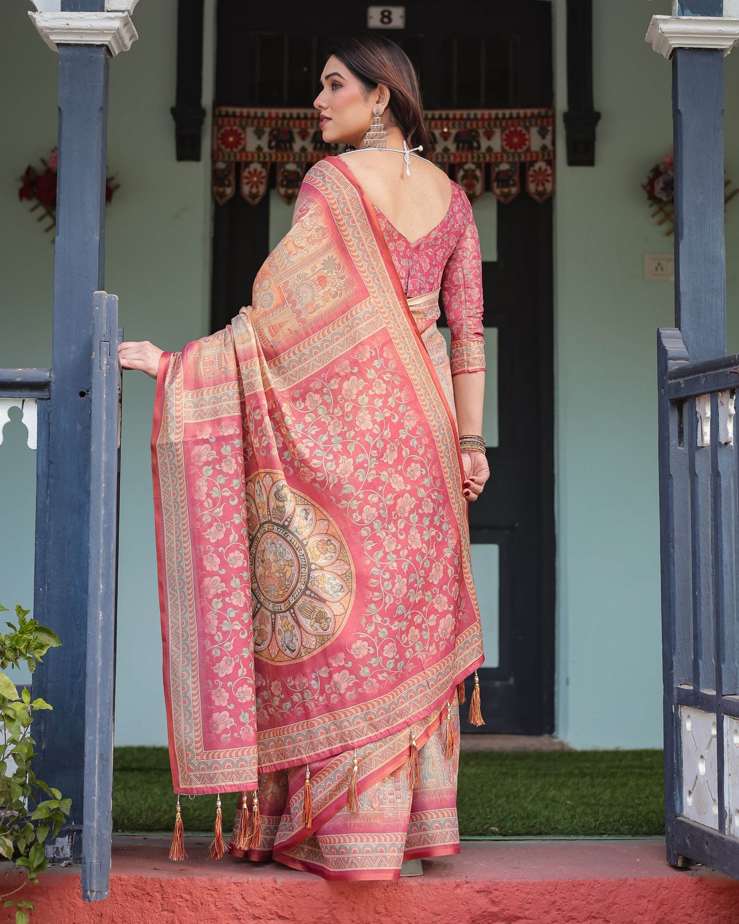 Peach and Pink Handloom Cotton-Linen Saree with Mythological Motifs and Floral Pallu - SEEANS