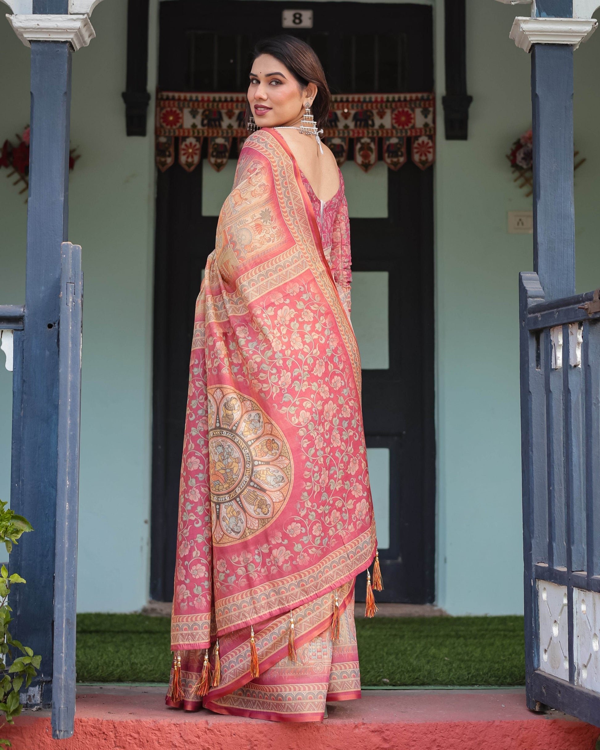 Peach and Pink Handloom Cotton-Linen Saree with Mythological Motifs and Floral Pallu - SEEANS