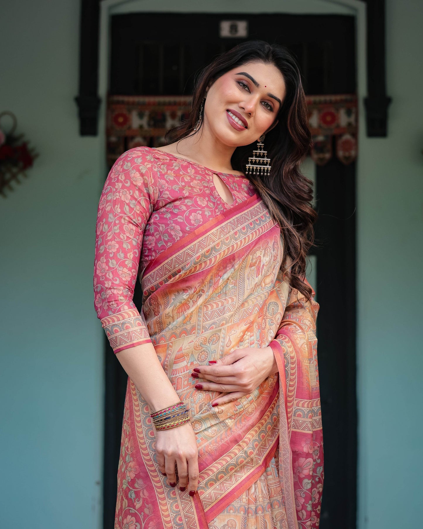 Peach and Pink Handloom Cotton-Linen Saree with Mythological Motifs and Floral Pallu - SEEANS