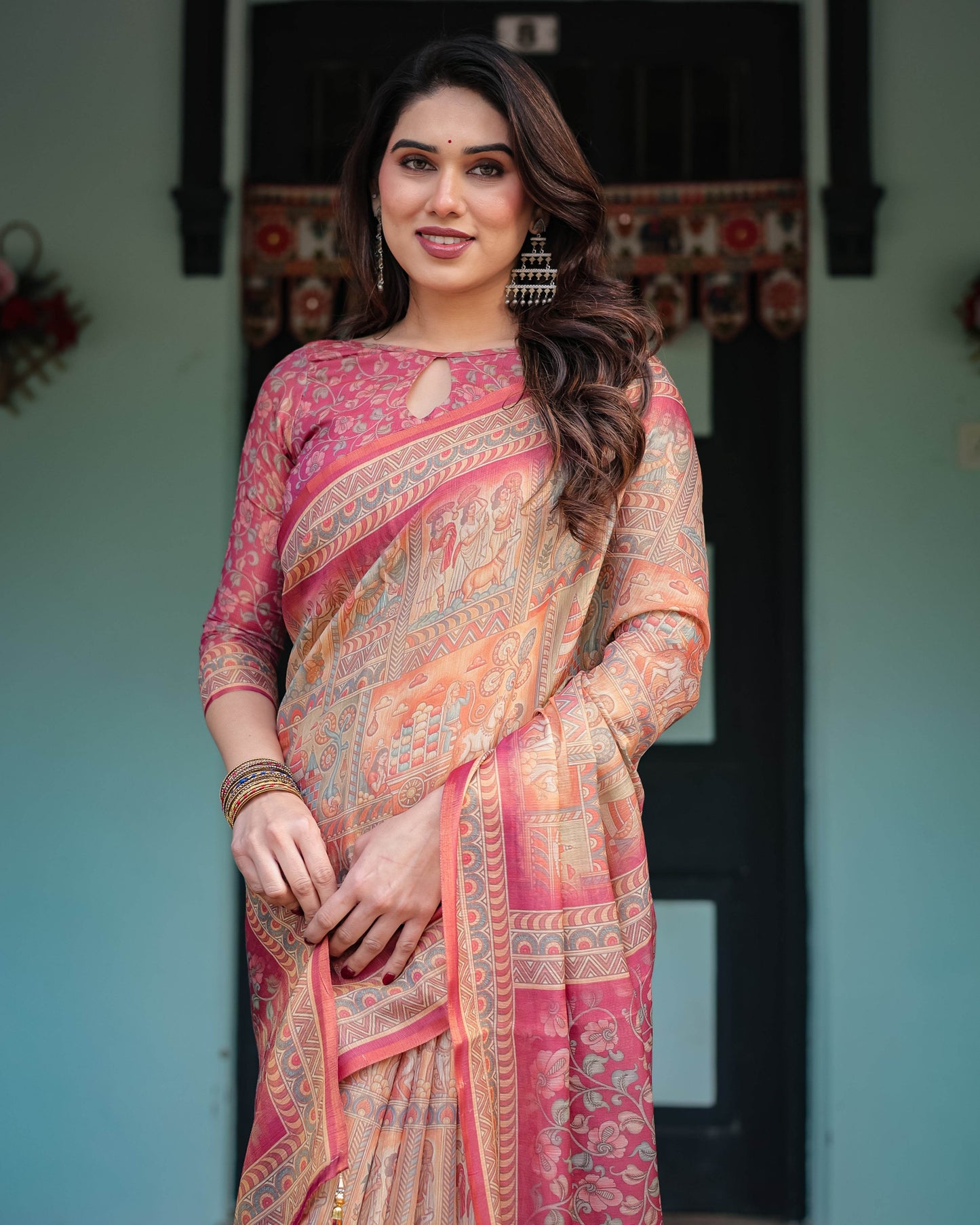 Peach and Pink Handloom Cotton-Linen Saree with Mythological Motifs and Floral Pallu - SEEANS